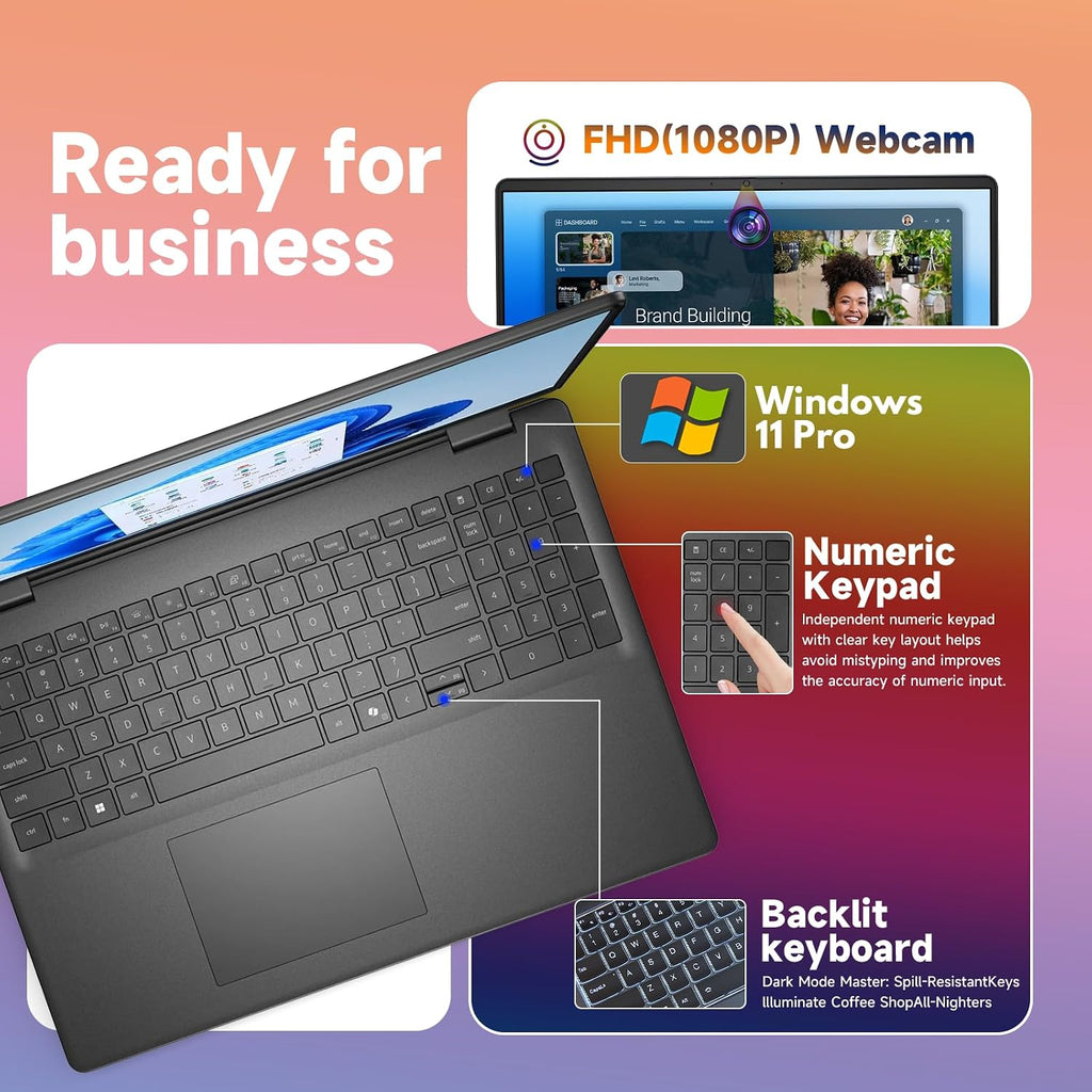 Dell 16' FHD+ Touchscreen Laptop Computer - Intel Core i7-150U Processor(10 Core, Up to 5.4Ghz), 300nits Display,Backlit Keyboard,Windows 11 Pro, Black((32GB DDR5 RAM, 1TB SSD)