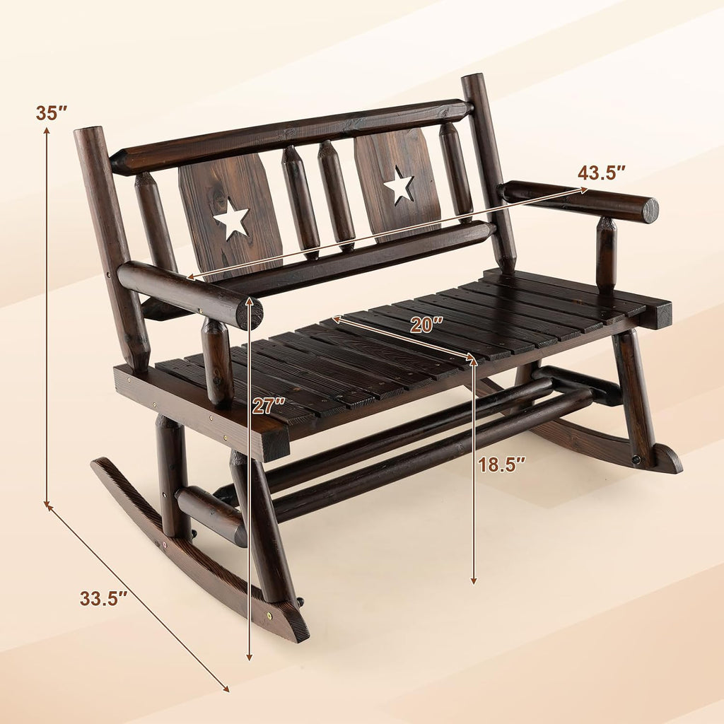 HAPPYGRILL Outdoor Wood Rocking Bench Carbonized Double Rocking Chair for 2 Persons with Wide Curved Seat, Porch Rocker for Porch, Garden, Backyard, 710LBS Capacity