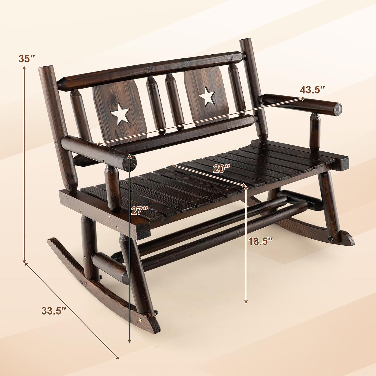 HAPPYGRILL Outdoor Wood Rocking Bench Carbonized Double Rocking Chair for 2 Persons with Wide Curved Seat, Porch Rocker for Porch, Garden, Backyard, 710LBS Capacity