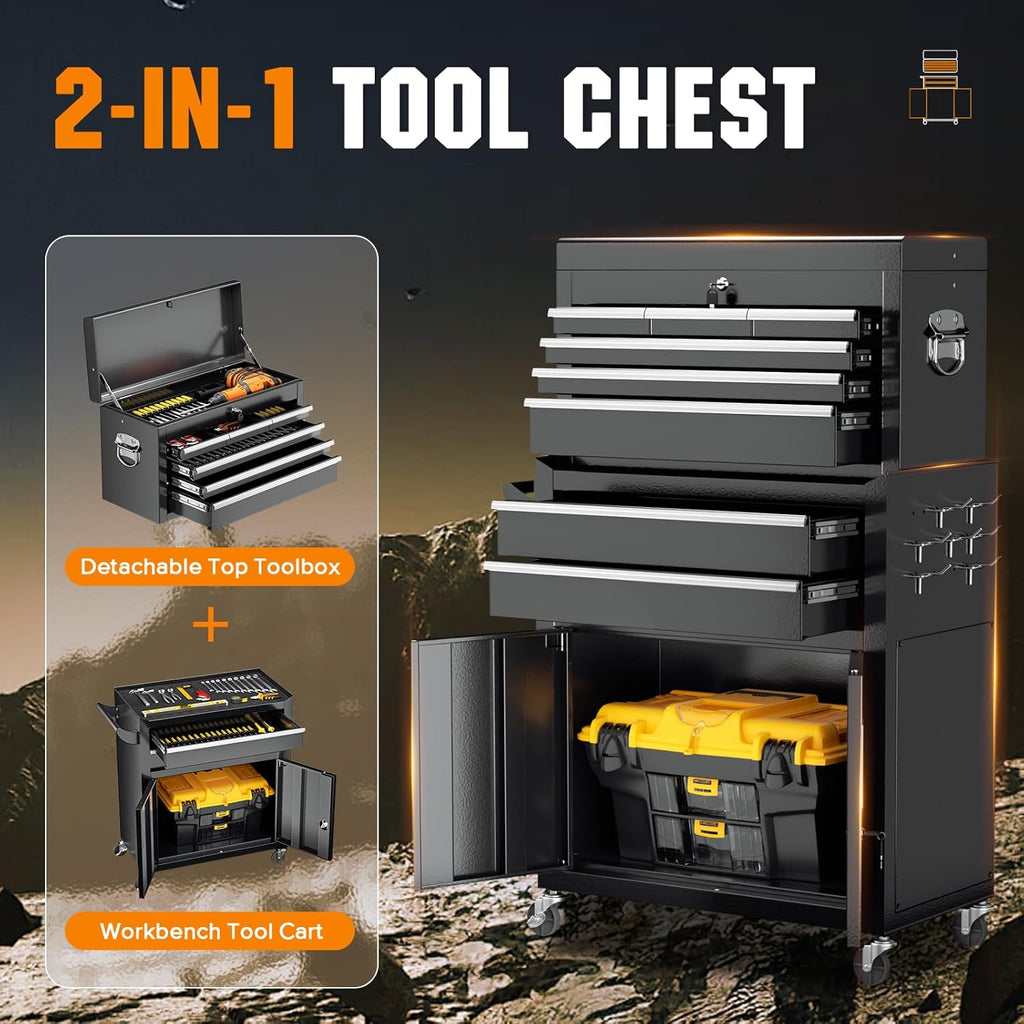 Crownland 8-Drawer Rolling Tool Chest with Wheels, Lockable 2 in 1 Detachable Tool Cabinet wit Drawers and Black Liners, Garage Top Toolbox & Bottom Storage Cart with Side Hooks(Black)