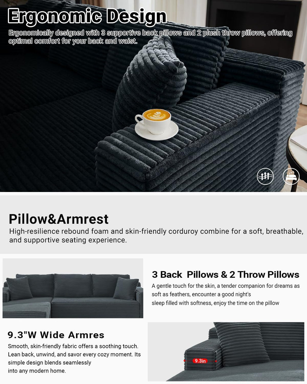 105 Inch Cloud Sectional Couch,Modern Modular Sectional Sofa with Deep Seat,Corduroy Boneless Couches with L-Shape Chaise for Living Room Bedroom,No Assembly Required (Dark Grey, Right Facing Chaise)
