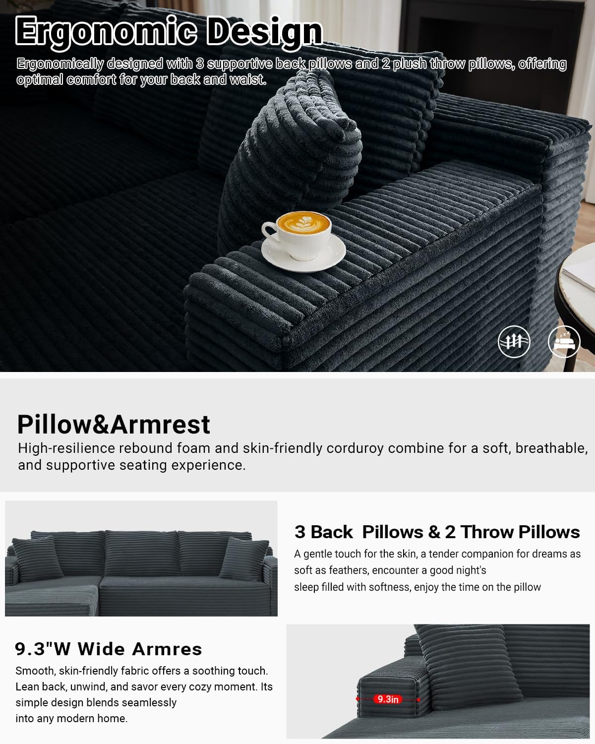105 Inch Cloud Sectional Couch,Modern Modular Sectional Sofa with Deep Seat,Corduroy Boneless Couches with L-Shape Chaise for Living Room Bedroom,No Assembly Required (Dark Grey, Right Facing Chaise)