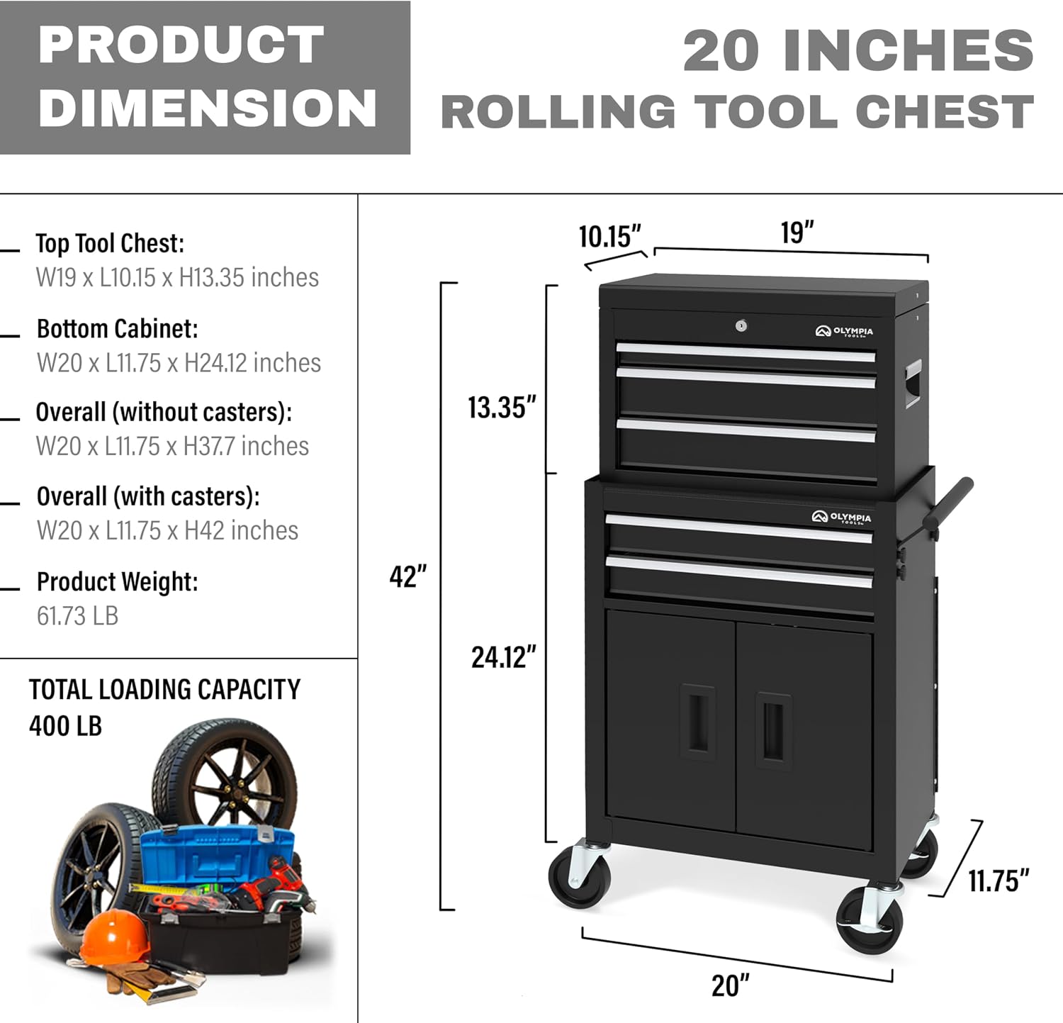 Olympia Tools 20-Inch Rolling Tool Cabinet Organizer, Heavy-Duty 5-Drawer Metal Tool Chest with Wheels and Locking Storage for Garage and Workshop, Black