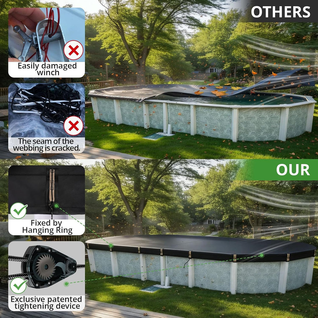 QH.HOME 16x32 Ft Oval Pool Cover for Steel Wall Pool,[Ultimate Windproof & Tear-Resistant Fabric],Snug Fit with Patented Ratchet & Weight Rings, Blocks Leaves &Waterproof