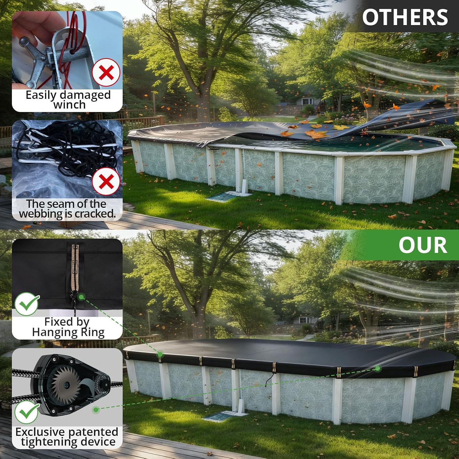 QH.HOME 16x32 Ft Oval Pool Cover for Steel Wall Pool,[Ultimate Windproof & Tear-Resistant Fabric],Snug Fit with Patented Ratchet & Weight Rings, Blocks Leaves &Waterproof