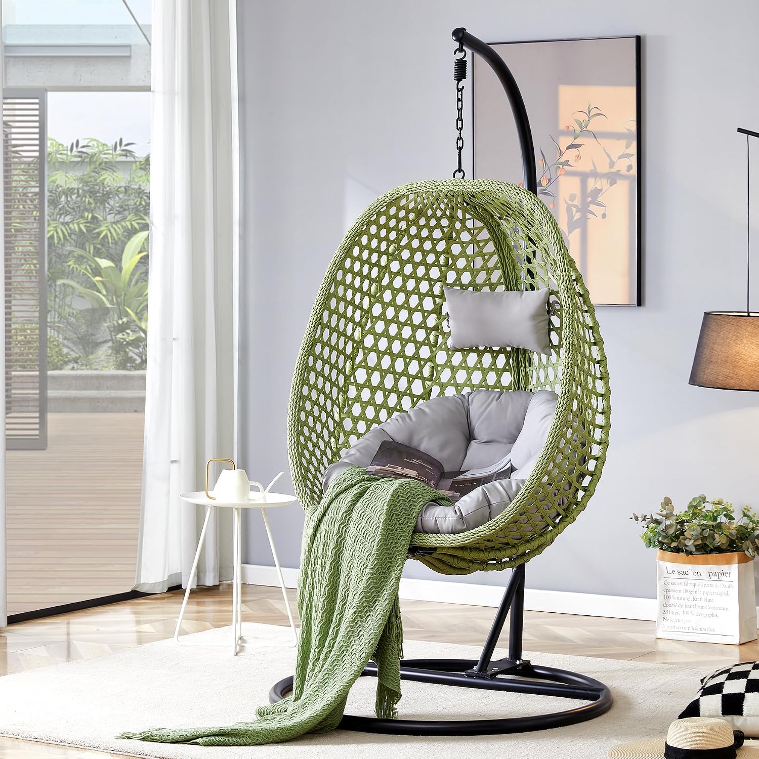 Egg Swing Chair Outdoor with Stand, Hanging Egg Rattan Basket Chair with Cushion and Pillow, Lounge Chair, Foldable Basket and Metal Stand for Porch, Patio, Bedroom, Balcony,Yard (Green)
