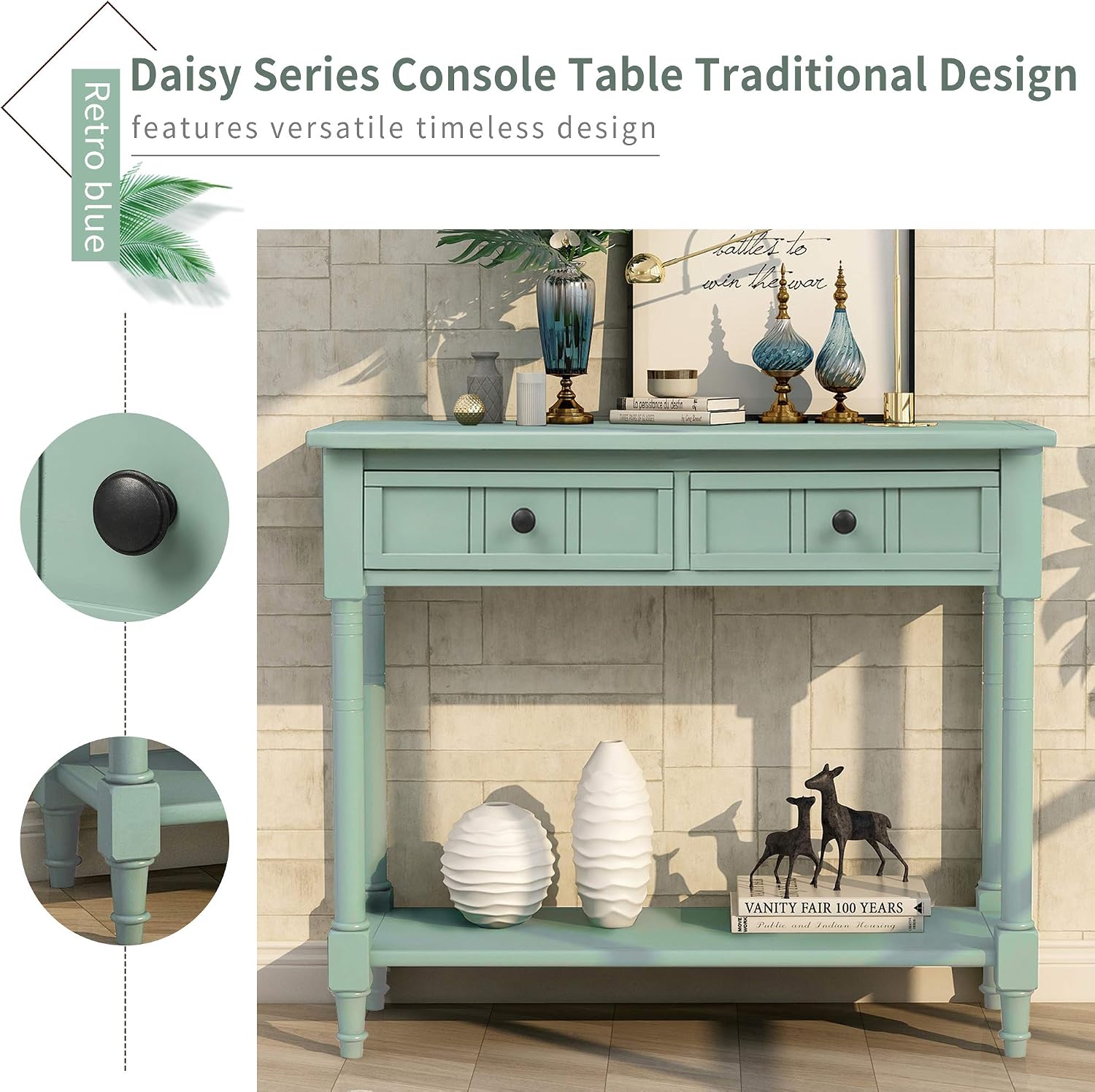 Bellemave Console Table with Drawers, Retro Entryway Table with 2 Drawers and Open Storage Shelf, Narrow Long Sofa Table, Behind Couch Table for Living Room, Foyer and Hallway, Retro Blue