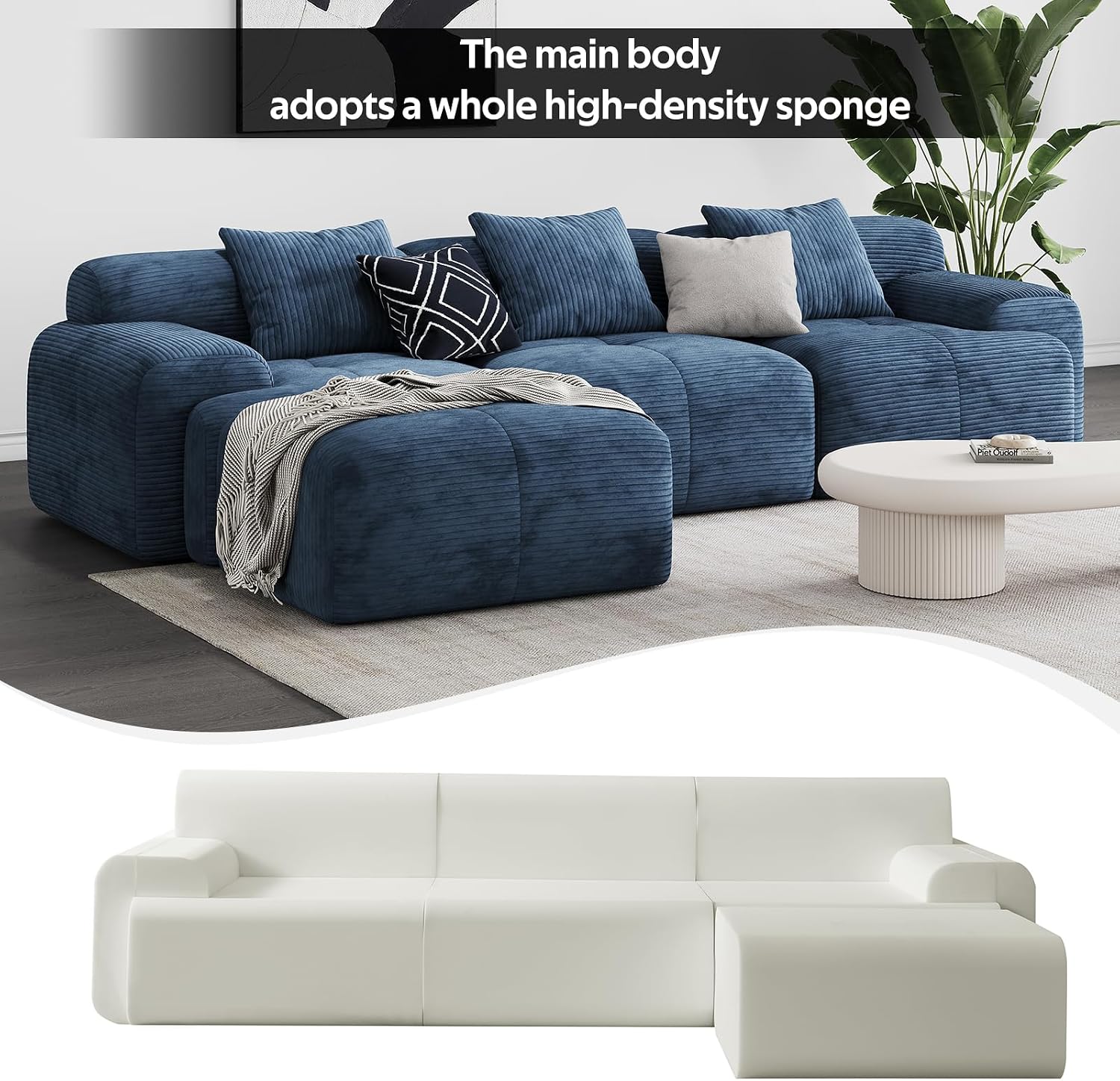 118'' Modern L-Shaped Modular Sectional Sofa for Living Room，Oversized 3-Seater Couch with Deep Seat and Movable Ottoman – No Assembly,Comfortable Corduroy Fabric Boneless Sofa