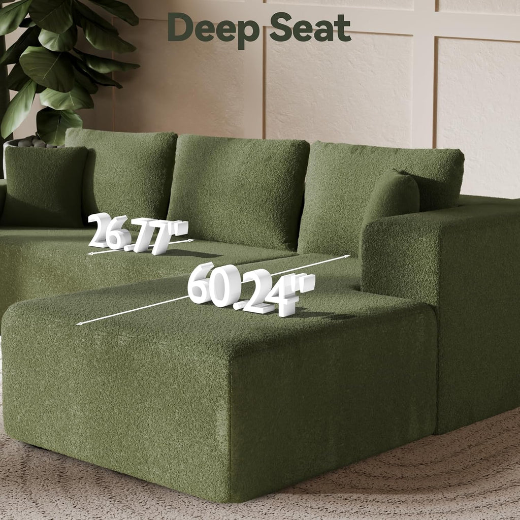 Cloud Wool Modular Sectional Sofa with Chaise, 106' L-Shaped Sofa Couch for Living Room, Deep Seat Plush Boneless Couches, Includes Pillows, Left Chaise, Green