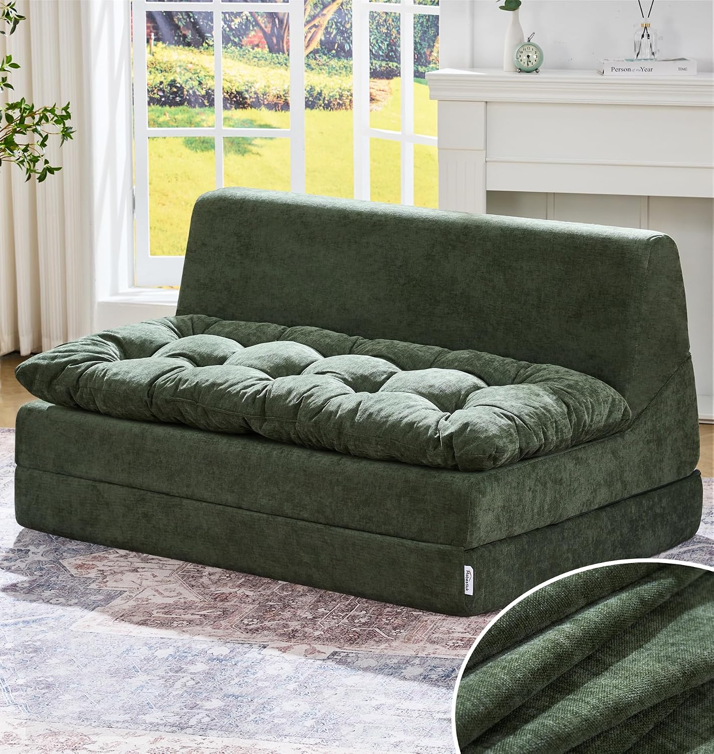 Hobestluk Sofa Couch Folding Sofa Bed Sleeper Comfy Floor Lounger Loveseat Sofa with Removable Cushion Couches Foldable Mattress for Living Room Bedroom or Office (Chenille Green, Oversize)