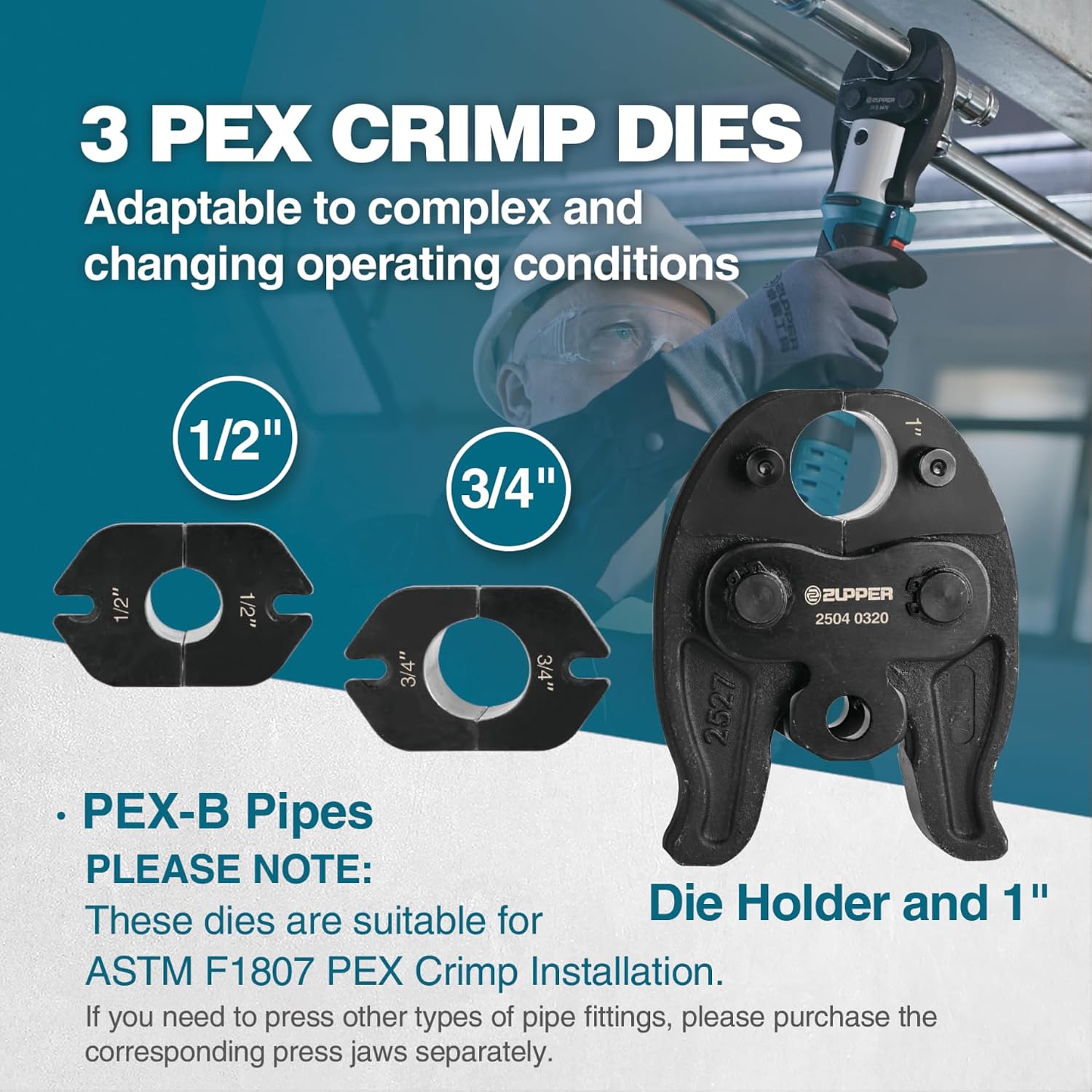 ZUPPER Mini Press Tool kit with 3 PEX Crimp Dies F1807 1/2', 3/4', 1', Brushless Motor, 2pcs Battery, Fast Charger & Carrying Case