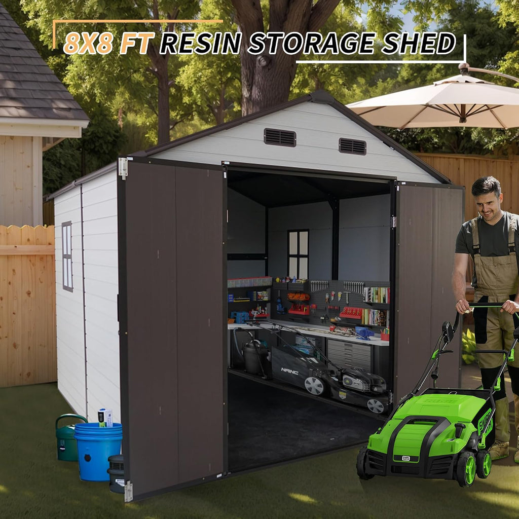 Outdoor Storage Shed, 8x8x7.6FT Plastic Storage Shed with 2 Windows and Strong Aluminum Frame for Garden Tools, Bike, Lawnmower, White and Brown