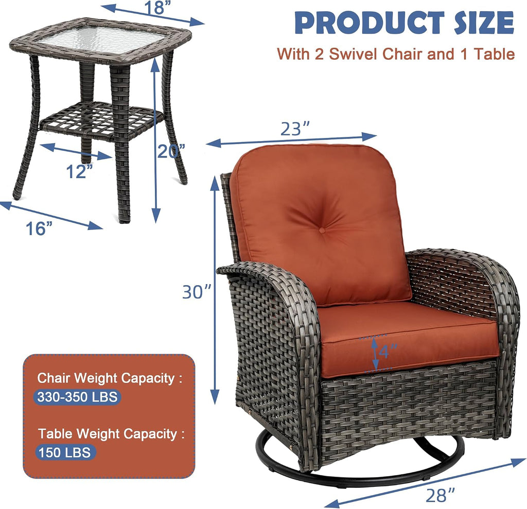 3-Piece Swivel Rocker Wicker Chair Set of 2 ，360-Degree Rocking Chairs Outdoor with Cushions，Glass Table for Garden,Backyard, Bistro.Red
