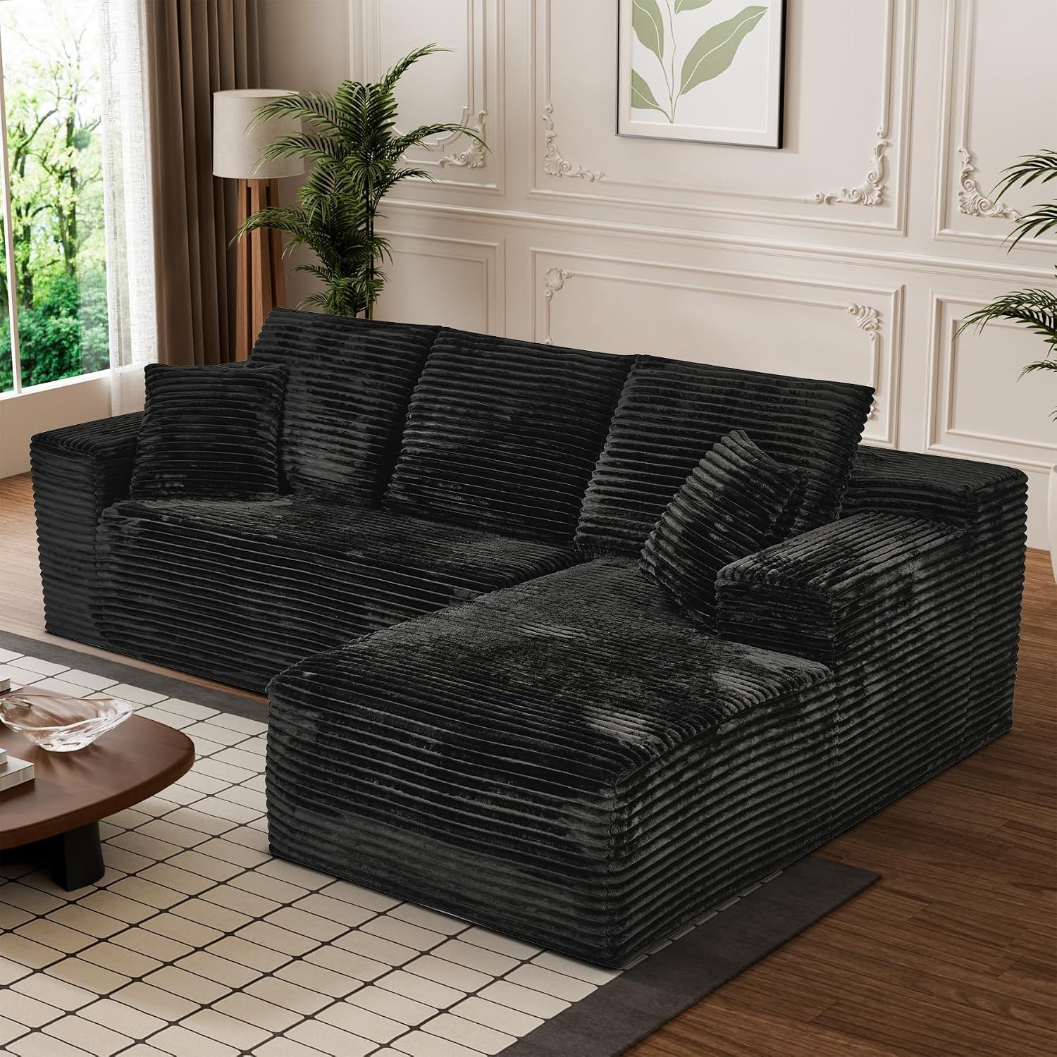 108' Boneless Couches for Living Room, L Shaped Comfy Cloud Modular Sectional Memory Foam Deep Seat Boneless Couch, No Assembly Required Boneless Sofa for Living Room with Right Facing Chaise, Black
