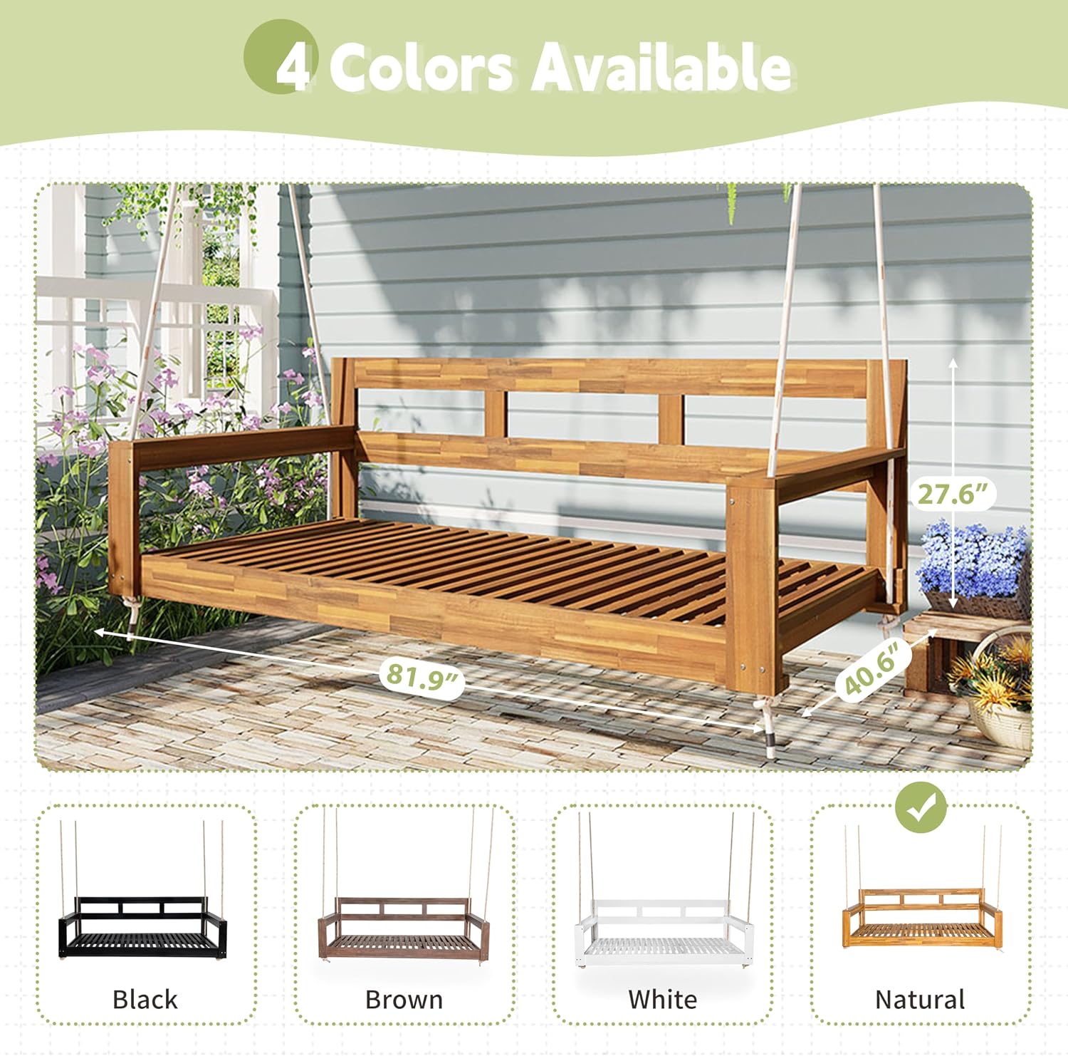 RuiSiSi Twin Size Porch Swing Daybed Frame, Outdoor Porch Swing Chair, Framhouse Hanging Bench with 4 Hanging Ropes for Garden, Backyard, Patio, Natural