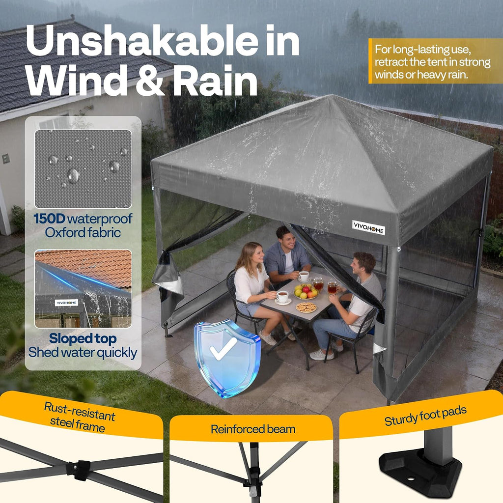 VIVOHOME 8x8ft Easy Pop-Up Canopy, Outdoor Screen Tent with Mosquito Netting, 2 Zipper Doors, and Roller Bag for Yard Camping Picnic Party Events, Grey