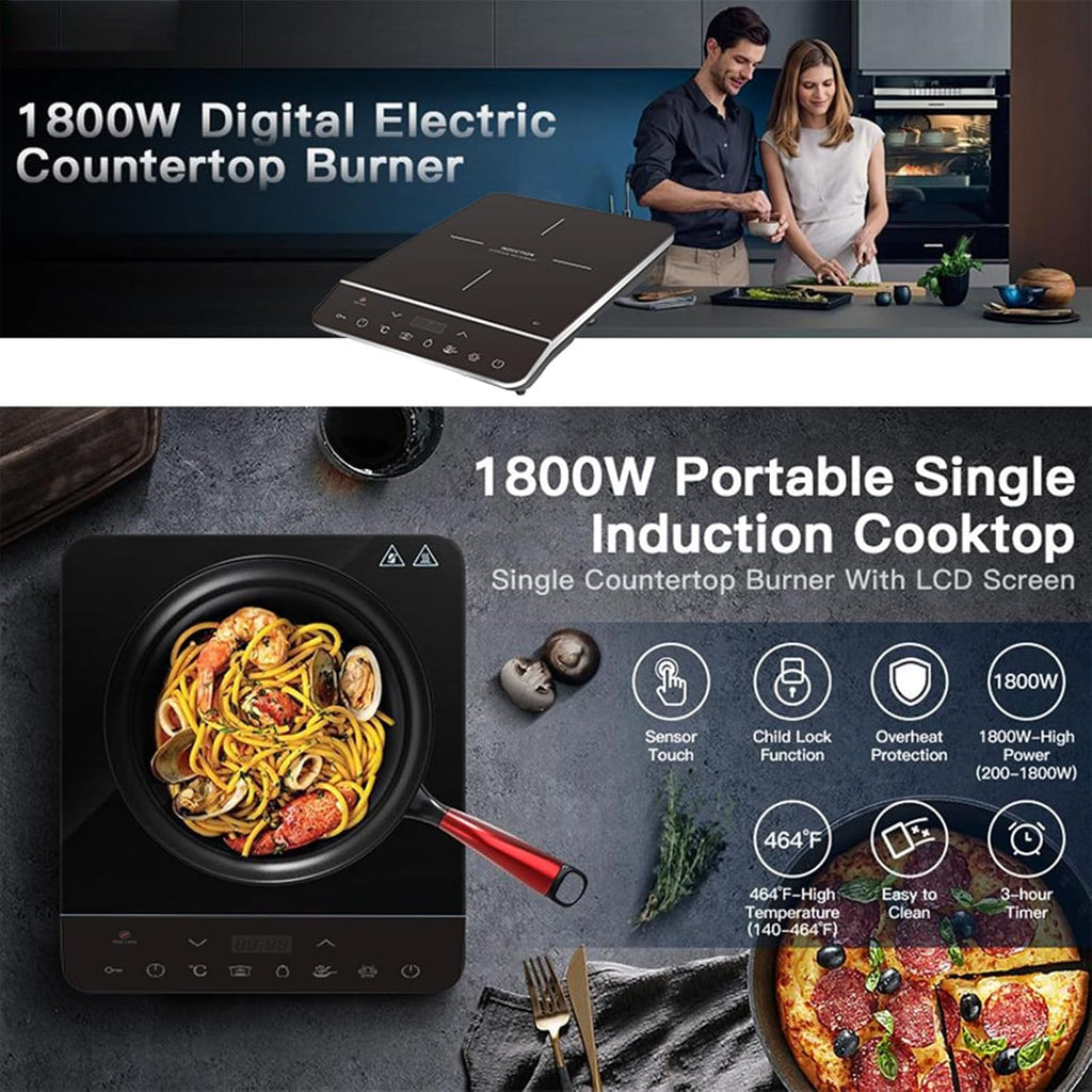 1800W High Power Induction Cooktop 9-Speed Safety Lock Intelligent Touch Control Heating Plate 3H Timer Portable Induction Cooktop