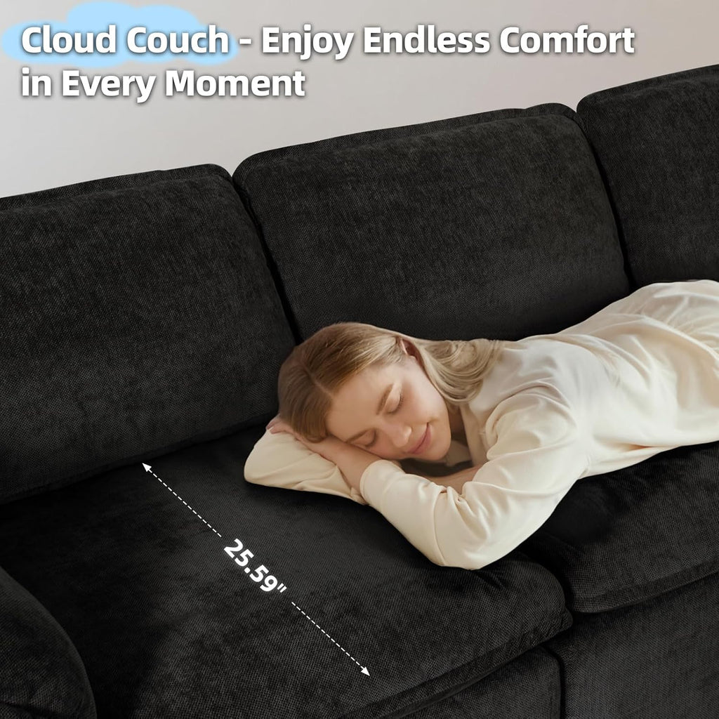 HALLYBEE 112' Cloud Couch Sectional with Padded Armrests & Moveable Ottoman Boneless Sectional Couches for Living Room Black Couch, No Assembly Required
