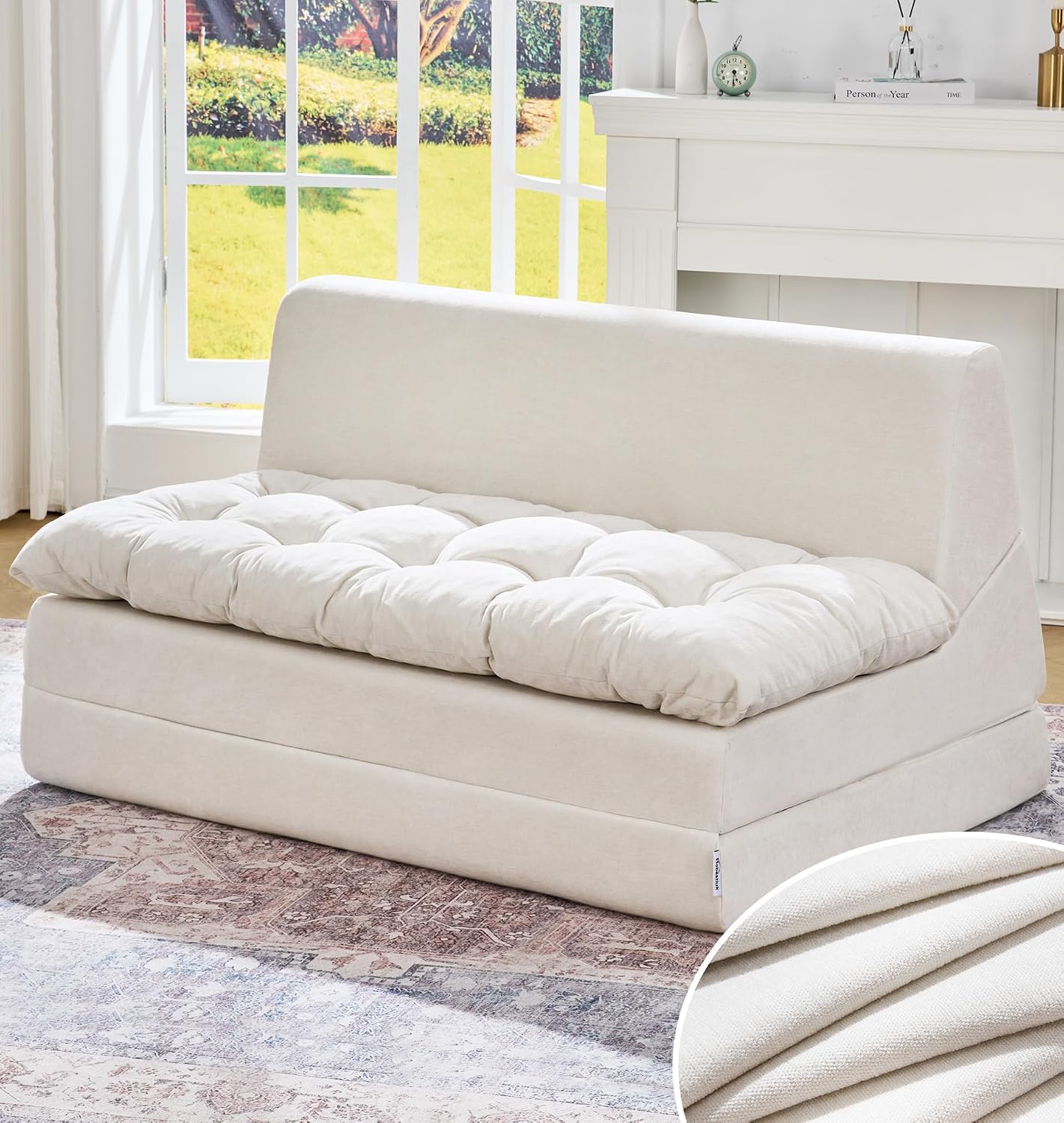 Hobestluk Sofa Couch Folding Sofa Bed Sleeper Comfy Floor Lounger Loveseat Sofa with Removable Cushion Couches Foldable Mattress for Living Room Bedroom or Office (Chenille Beige, Oversize)