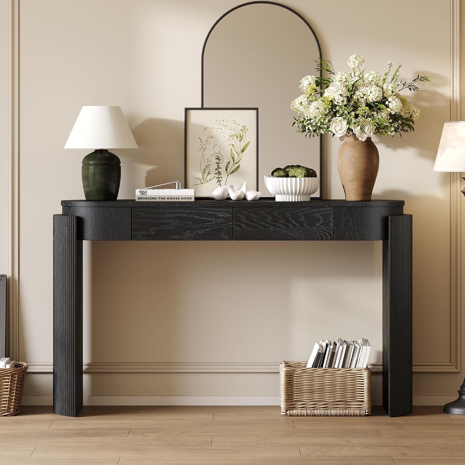 LKTART 55' Sofa Table with Oval Top and 2 Drawers, Entryway Console Table with Fluted Design for Hallway,Foyer,Entry and Living Room (Easy Assembled-Black)