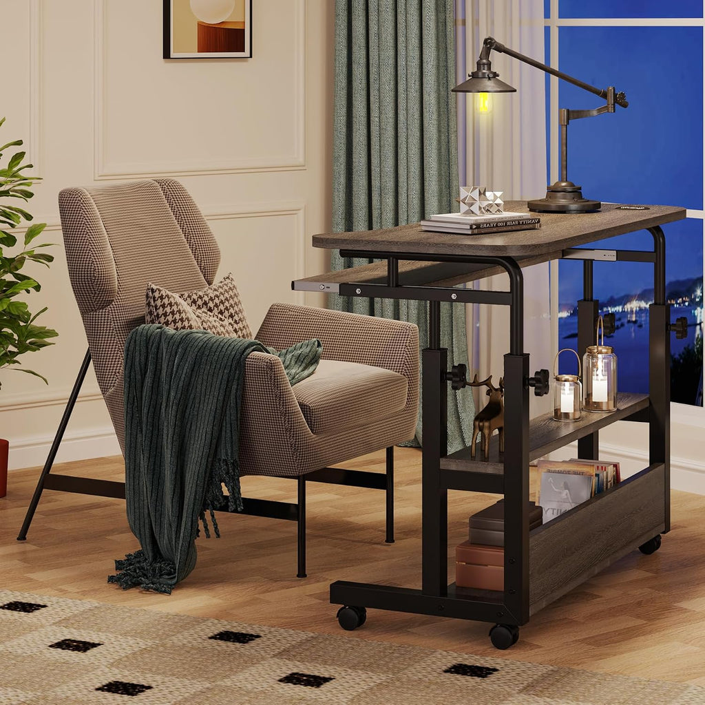 Tribesigns Portable Desk with Power Outlets, Height Adjustable Side Table Sofa Couch Bedside Laptop Computer Cart with USB Charging Ports, Mobile Small Standing Desk with Keyboard Tray