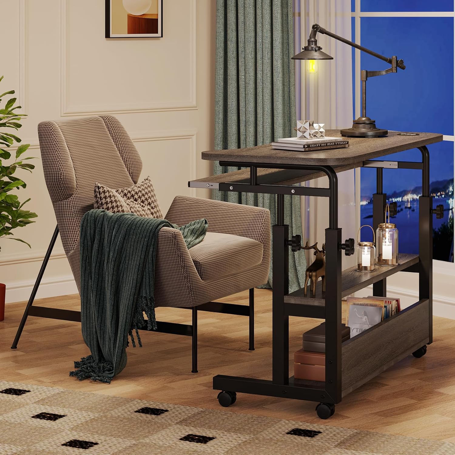 Tribesigns Portable Desk with Power Outlets, Height Adjustable Side Table Sofa Couch Bedside Laptop Computer Cart with USB Charging Ports, Mobile Small Standing Desk with Keyboard Tray