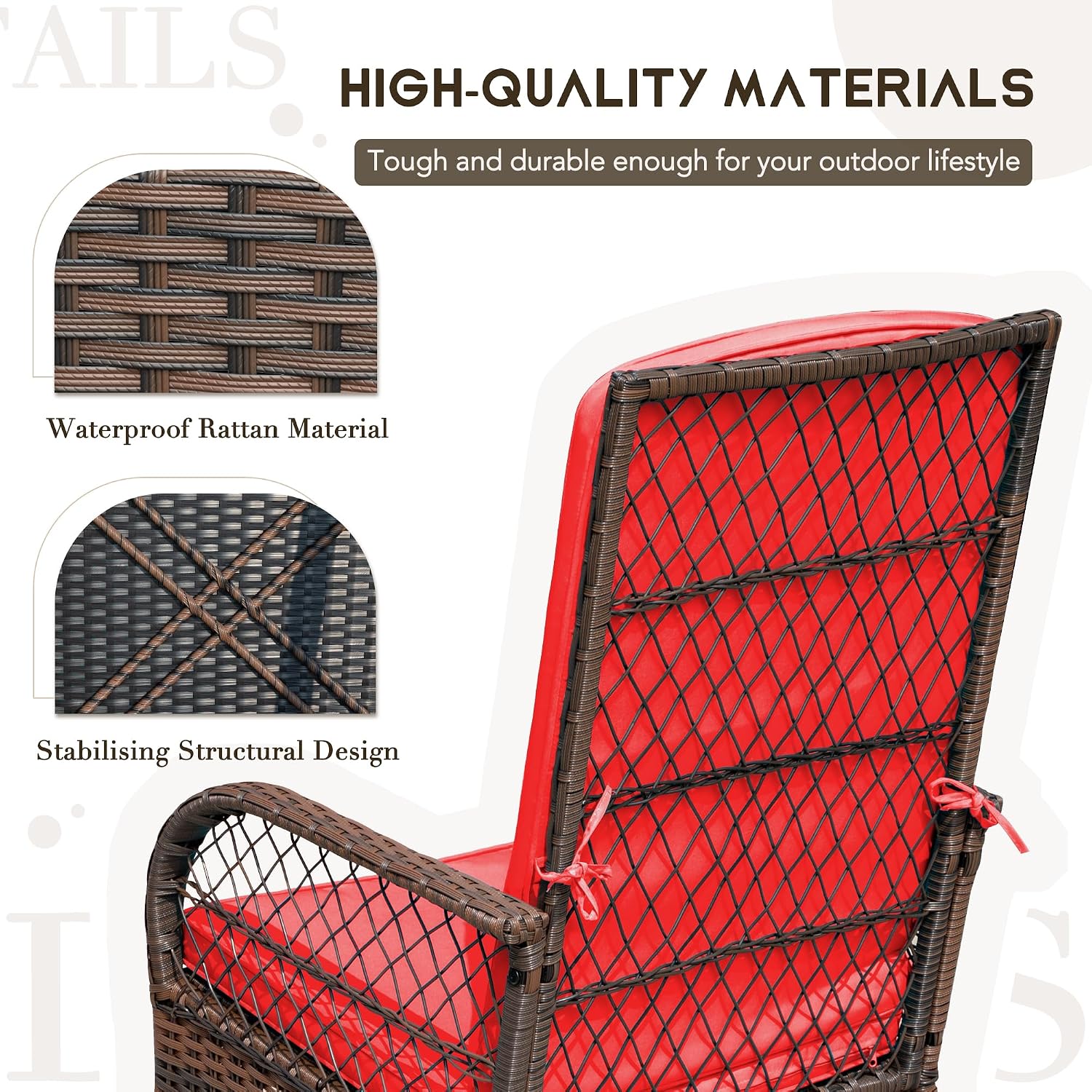 Devoko Outdoor Rocking Chairs 3 Piece Patio Furniture Set with Side Table & Cushions, Wicker Porch Rocker Bistro Set High Back for Balcony, Backyard, Garden (Red)