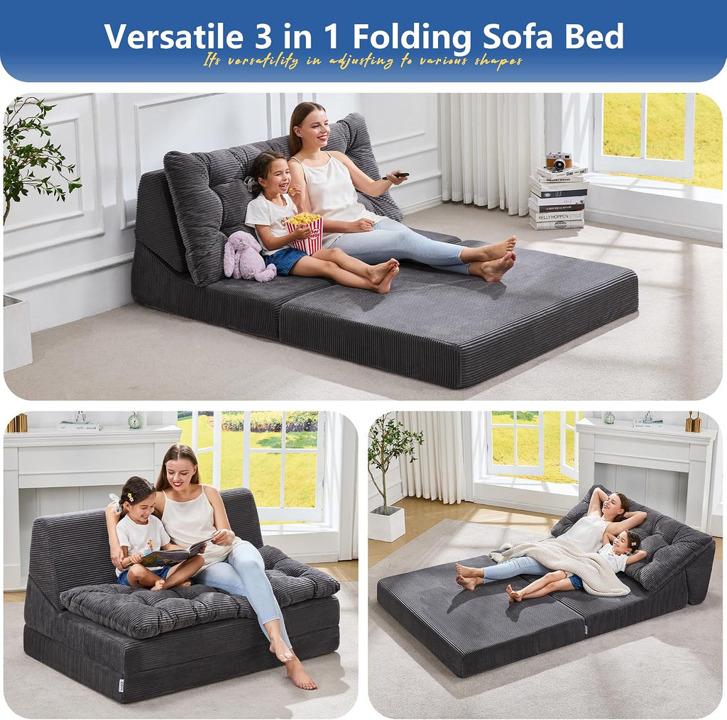 Hobestluk Sofa Couch Folding Sofa Bed Sleeper Comfy Floor Lounger Loveseat Sofa with Removable Cushion Couches Foldable Mattress for Living Room Bedroom or Office (Cordury Grey, Oversize)