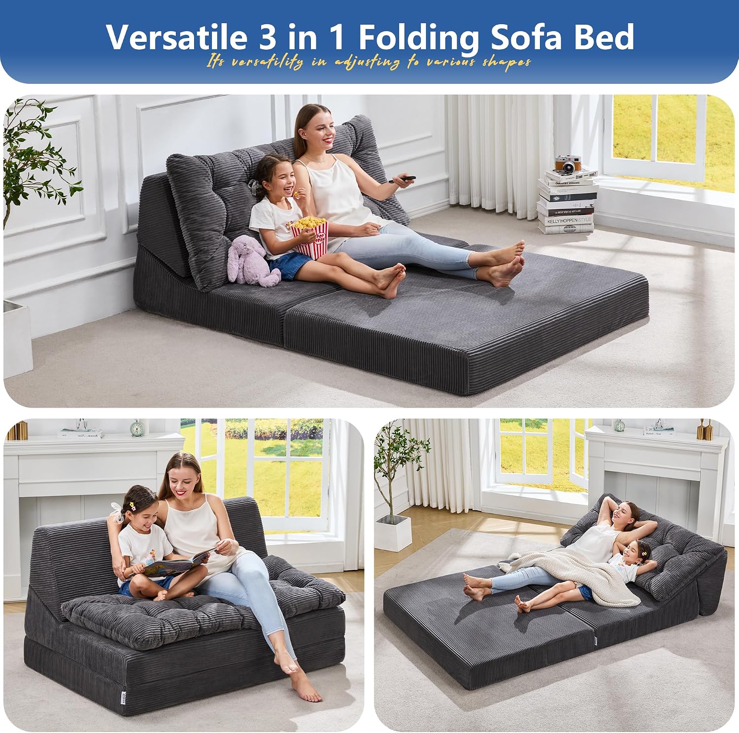 Hobestluk Sofa Couch Folding Sofa Bed Sleeper Comfy Floor Lounger Loveseat Sofa with Removable Cushion Couches Foldable Mattress for Living Room Bedroom or Office (Cordury Grey, Oversize)