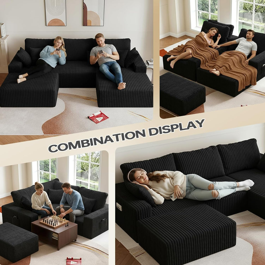 108' U-Shape Modular Sectional Cloud Couch with Ottoman, Deep Seat Boneless Couch with Oversized Chaise Lounge, Comfy Flannel Fabric Sofa for for Living Room Bedroom Apartment Game Room Basement