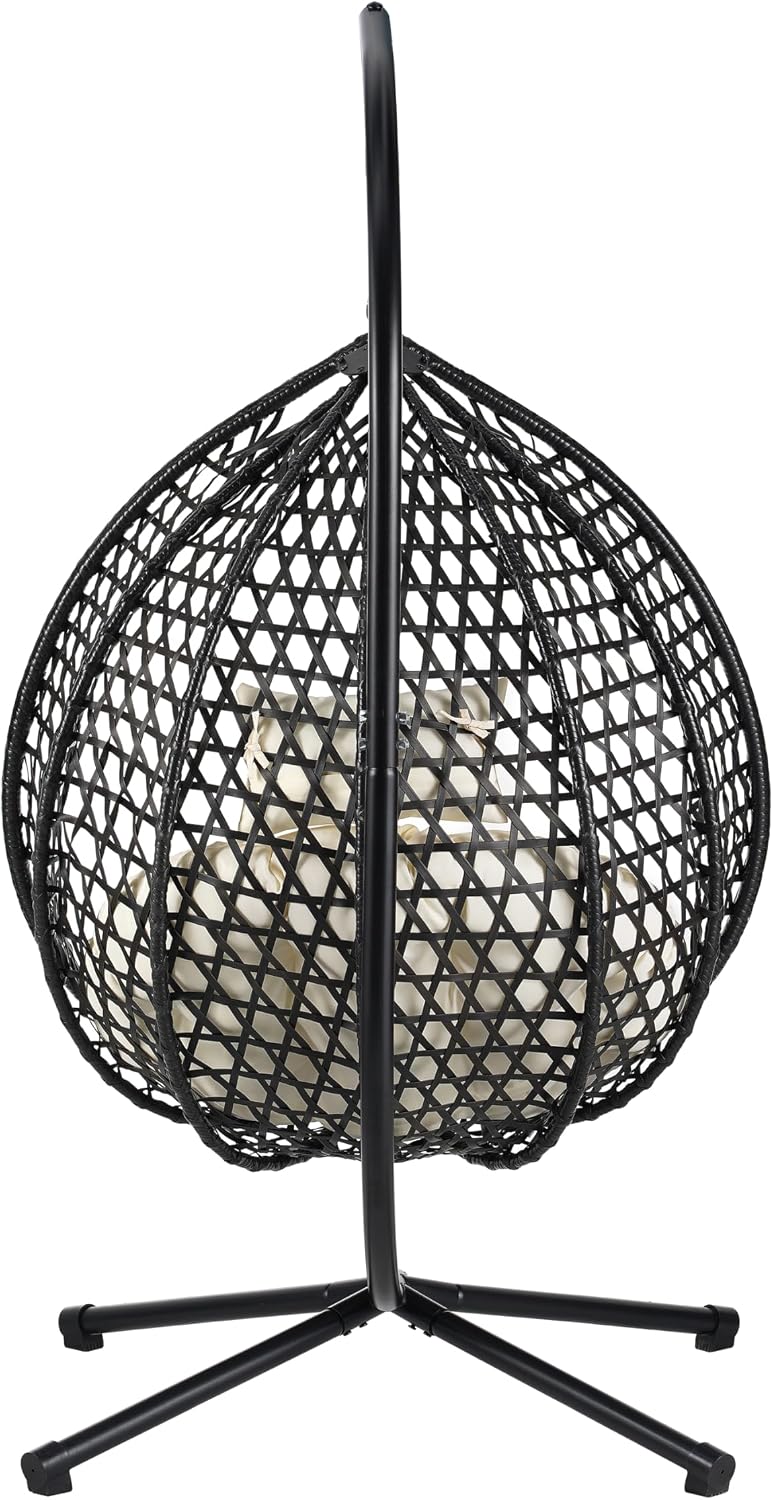 Egg Chair with Stand Patio Rattan Wicker Hanging Swing Egg Chair Hammock Chair for Indoor and Outdoor Egg Hanging Chair for Balcony Porch Garden 330lbs Capacity - Black+Beige