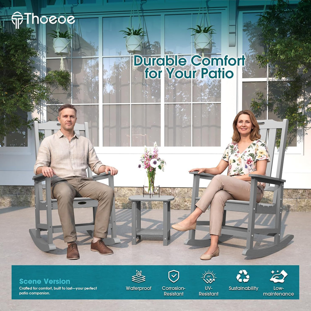 THOEOE Oversized Rocking Chair Set of 2, Outdoor Rocking Chair for Adults, All Weather Resistant Porch Rocker for Lawn Garden, Grey