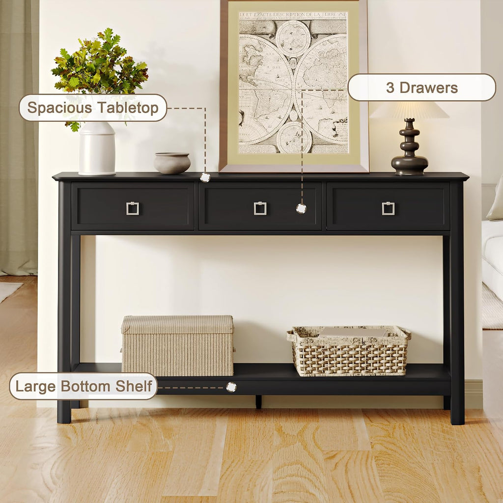 Treocho 53.1' Console Table with 3 Drawers, Modern Entryway Table, 2-Tier Narrow Long Sofa Table Behind Couch Table for Living Room, Hallway, Black