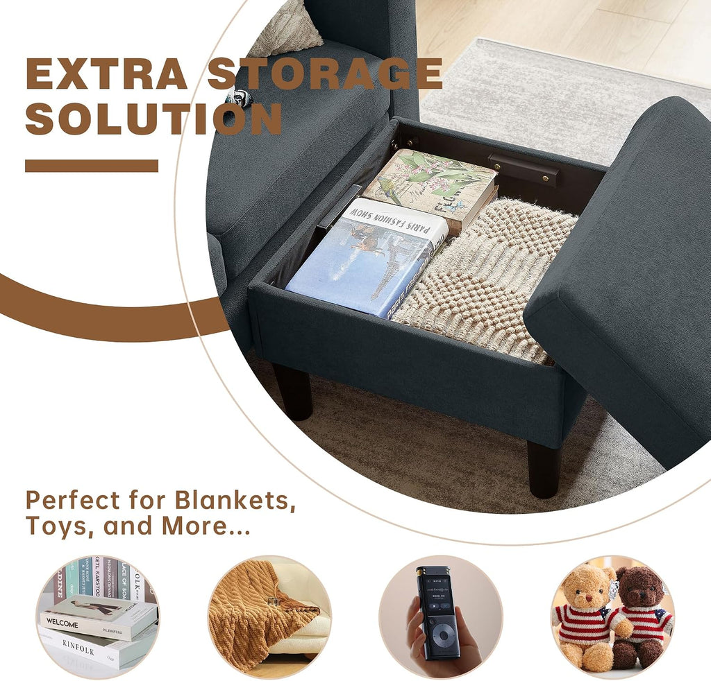 3 Piece Living Room Sofa Sets, Modern 3 Seater Sofa with Storage Ottoman and 2 PSC Armchair Couch Sets, Easy Assembly, Modern 5 Seat Sectional Couches for Living Room, Office,Dark Grey