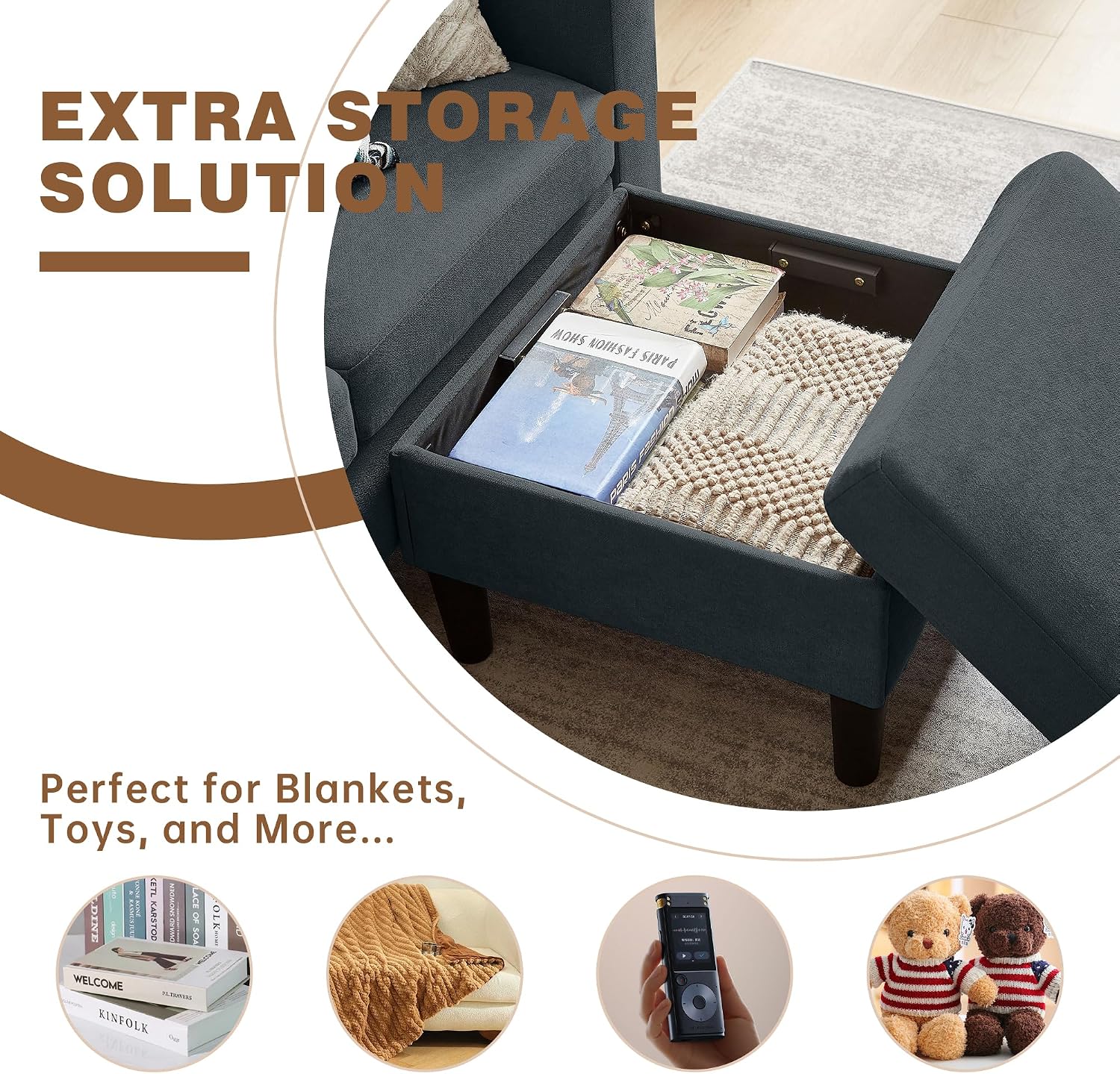 3 Piece Living Room Sofa Sets, Modern 3 Seater Sofa with Storage Ottoman and 2 PSC Armchair Couch Sets, Easy Assembly, Modern 5 Seat Sectional Couches for Living Room, Office,Dark Grey