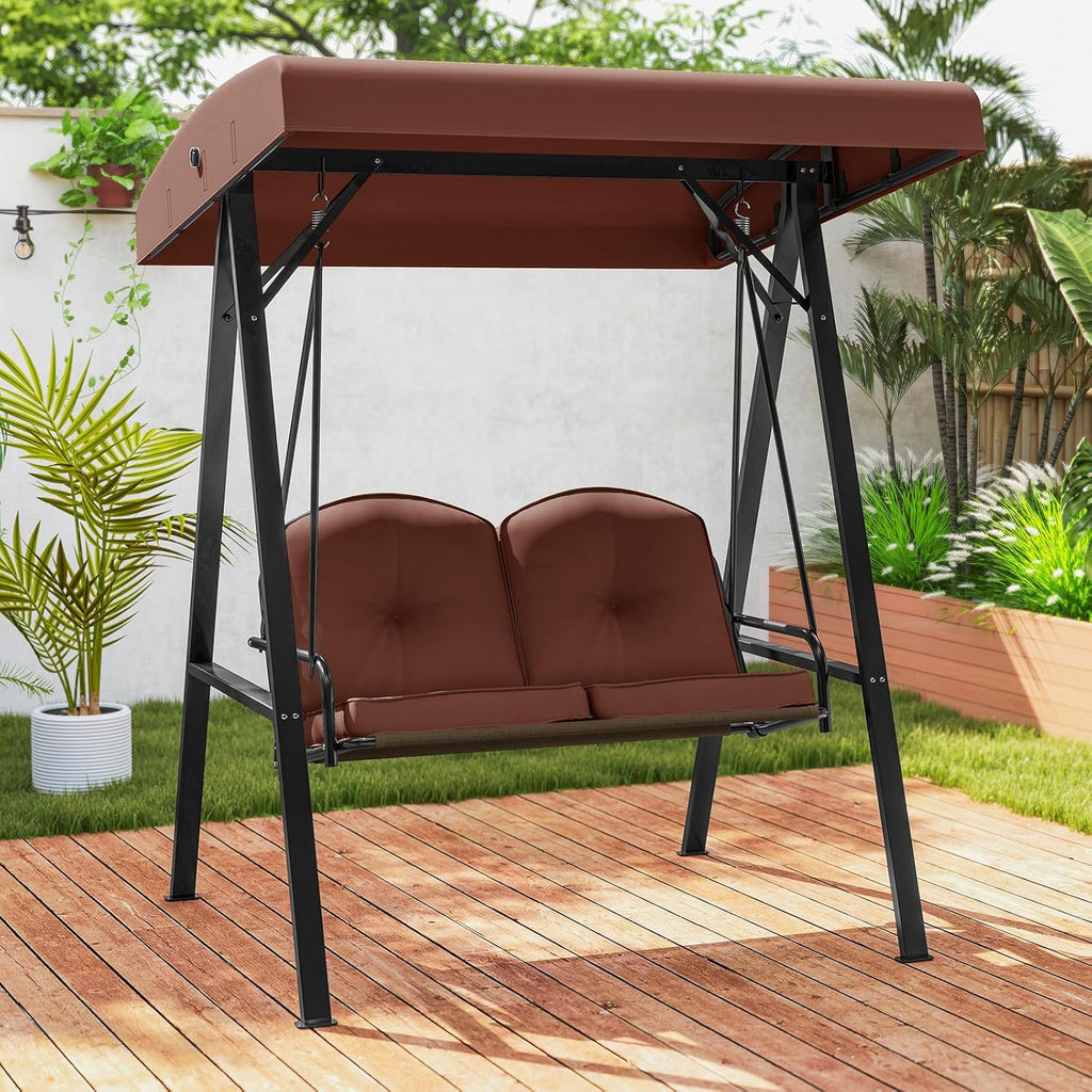 Tangkula 2 Person Porch Swing, Patio Swing with Adjustable Canopy, Heavy-Duty Metal Frame & Soft Cushion, Outdoor Swing for Backyard, Garden (Brown)