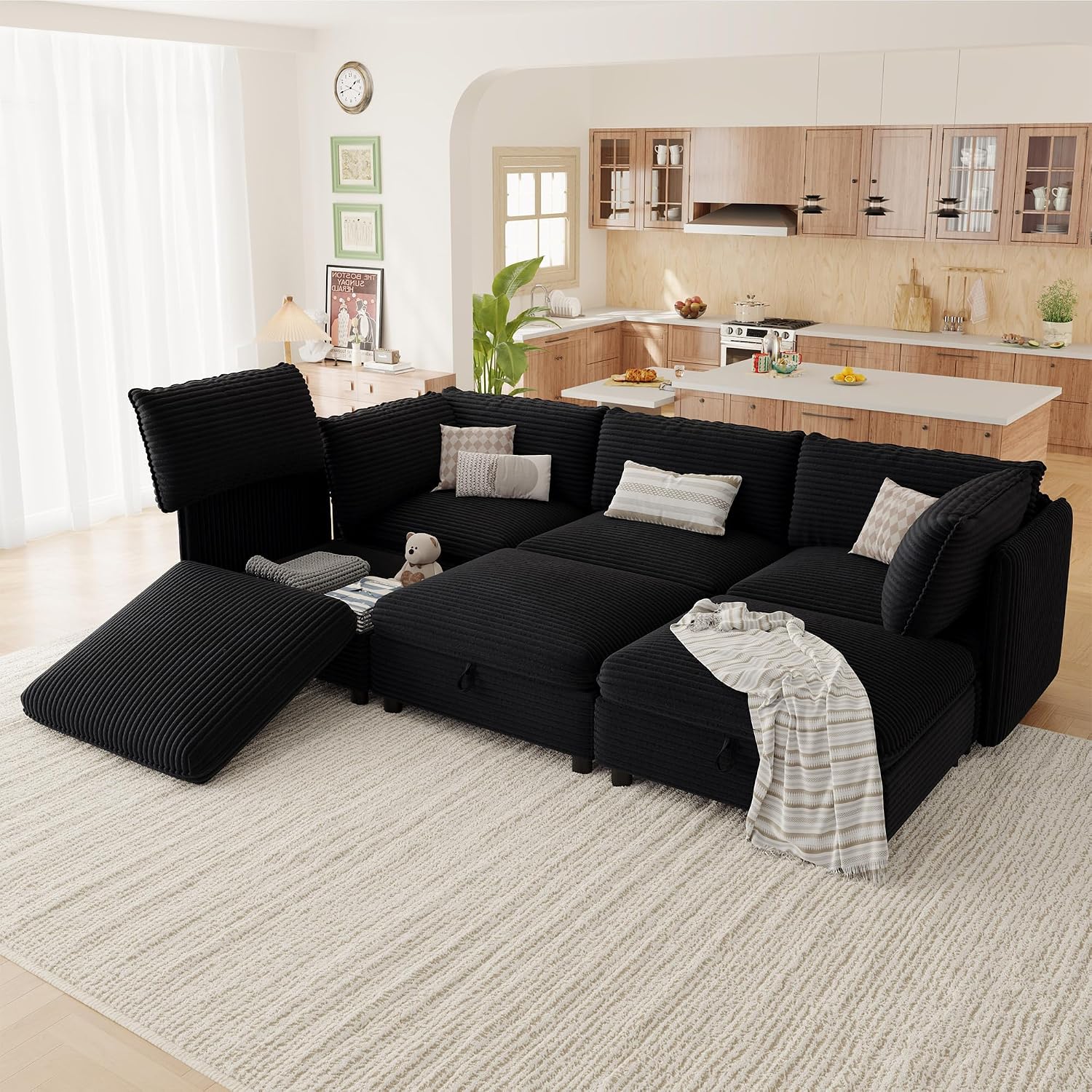 Oversized Corduroy Modular Sectional Sofa Bed with Hidden Storage, Convertible L U Sleeper Couch, 6-Seat Modular Sofa Free Combination with Ottoman & Removable Covers for Living Room, Black