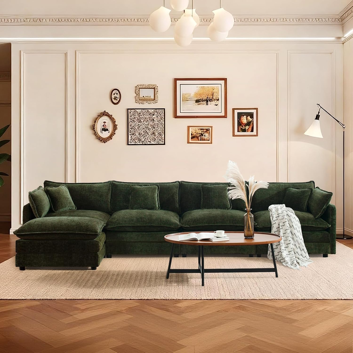 SoarFlash Chenille Sectional Sofa, Comfy L Shaped Modular Coush Sofa with Ottoman, Modern 4 Seat Couch Deep Seat Sofa Set for Living Room,Green