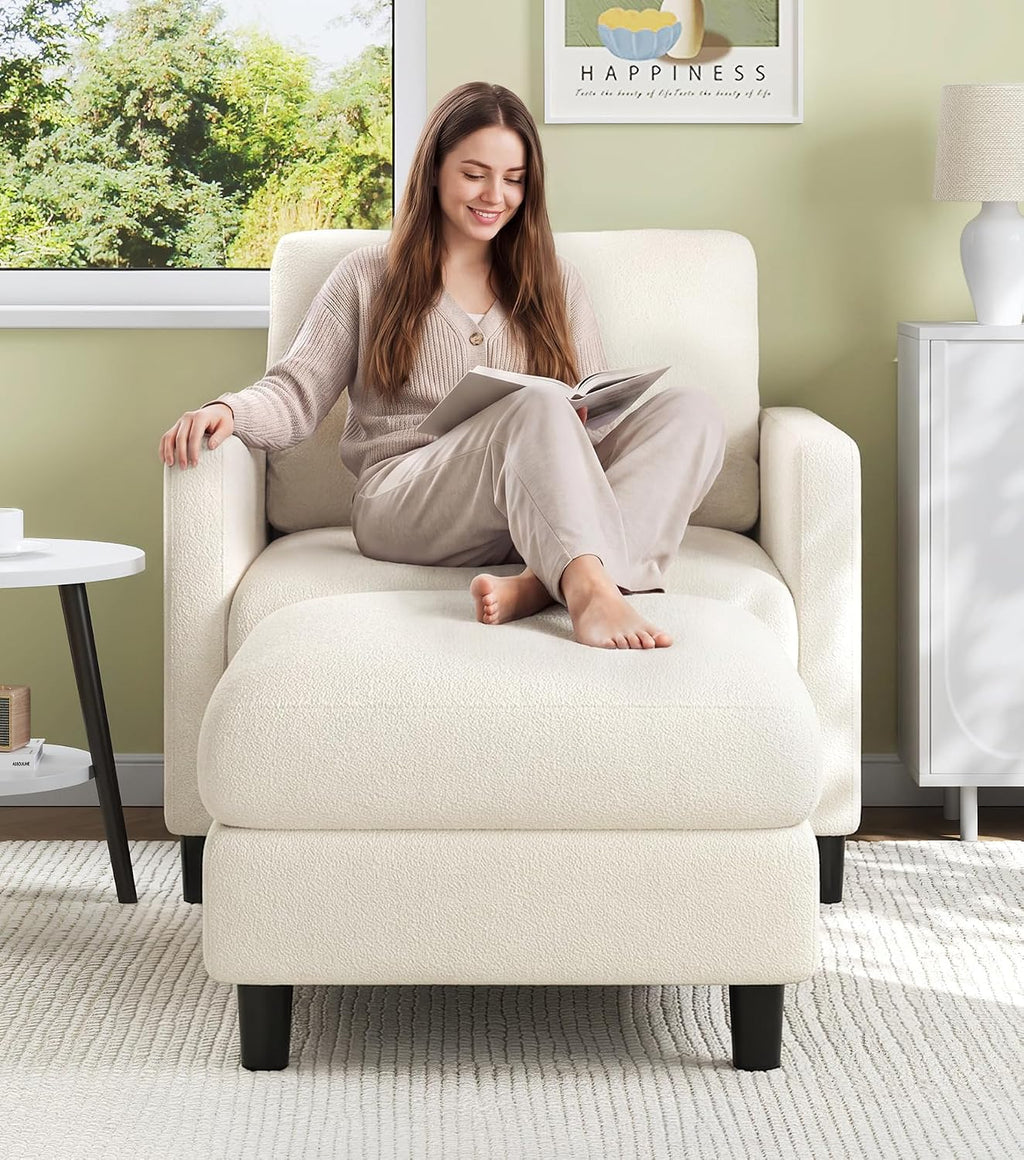 Welzona Sofa Accent Chair with Ottoman, 33' Reading Chair and Ottoman Set for Bedroom, Tool-Free Setup Living Room Accent Chairs, Comfy Arm Chairs Living Room, All-Wood Reading Nook, Beige