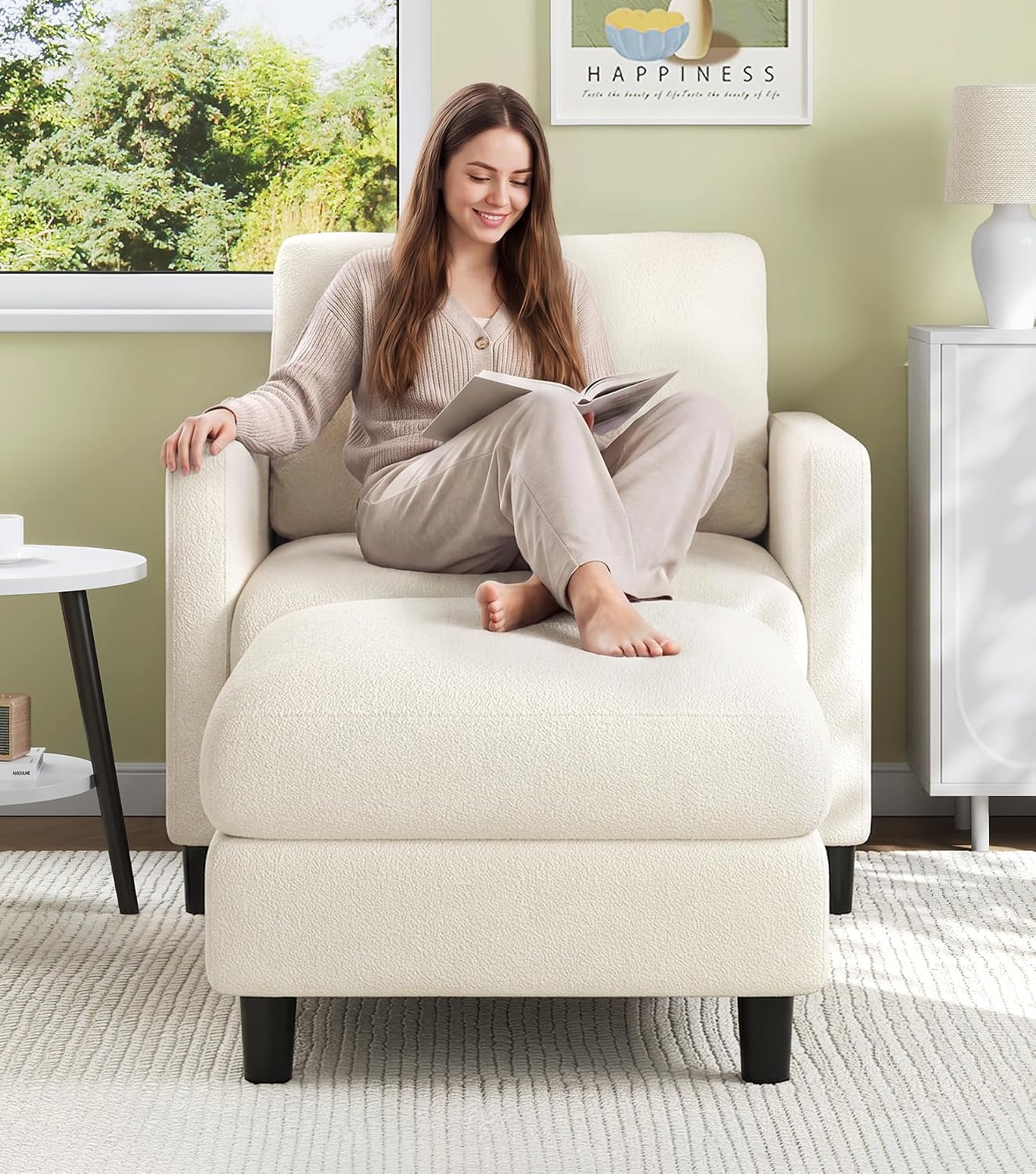Welzona Sofa Accent Chair with Ottoman, 33' Reading Chair and Ottoman Set for Bedroom, Tool-Free Setup Living Room Accent Chairs, Comfy Arm Chairs Living Room, All-Wood Reading Nook, Beige