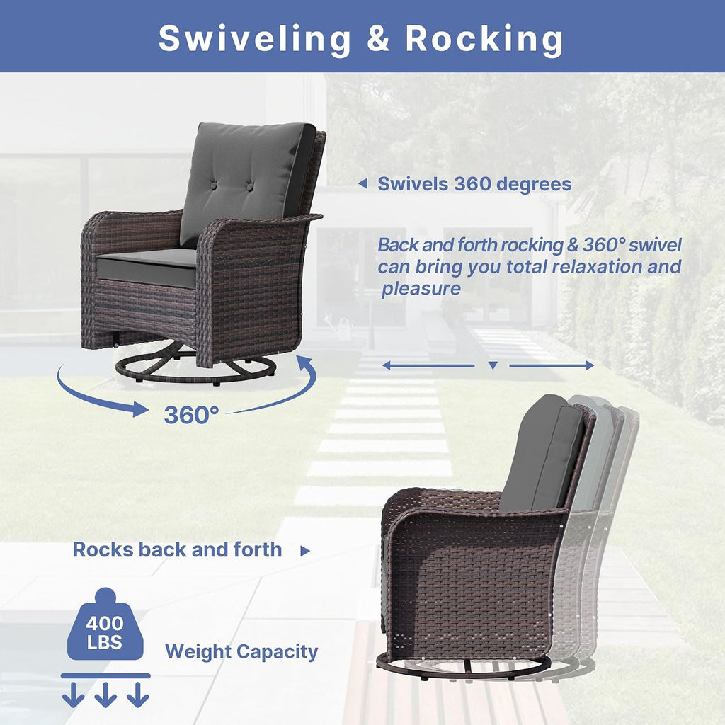ALAULM Outdoor Swivel Rocking Chairs Set of 2 with 4'Thick Cushions and High Back, Wicker Patio Chairs w/Side Table for Patio, Porch, Poolside, Deck, Backyard, Garden-Grey