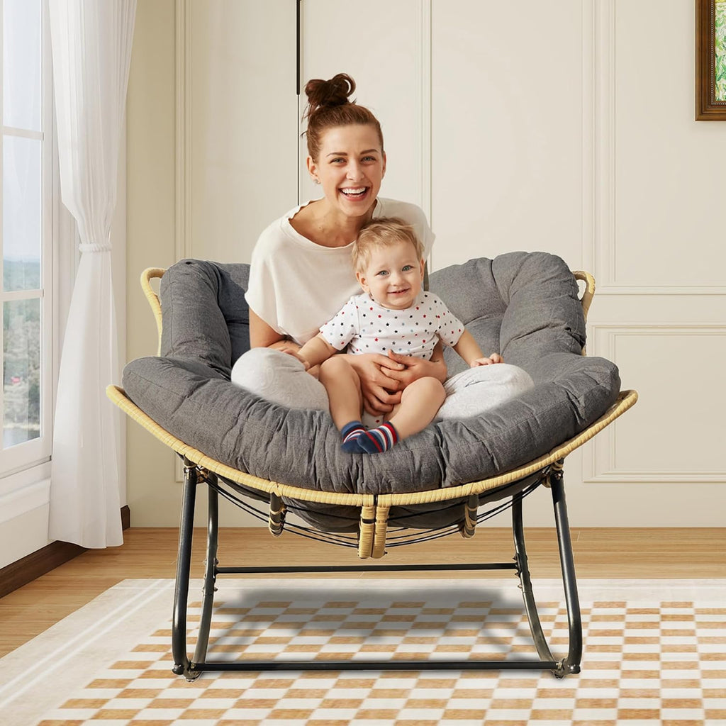 Outdoor Rocking Chair, Patio Egg Rocking Chair, Indoor Papasan Chair, Rattan Wicker Lounge Chair, Modern Royal Chair for Bedroom, Living Room, Porch, Garden,Lawn (41.3' Grey)