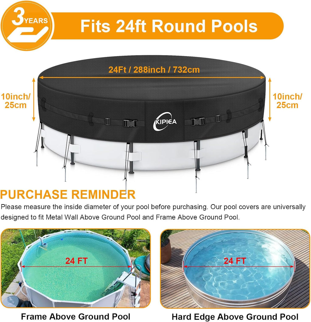 Kipiea Heavy Duty 500D 24ft Round Pool Cover for Above Ground Pools, Swimming Pool Cover with Full Circle Straps, Anti-Slip Straps and Tent Stakes, Featuring Windproof, Waterproof and Dustproof Design