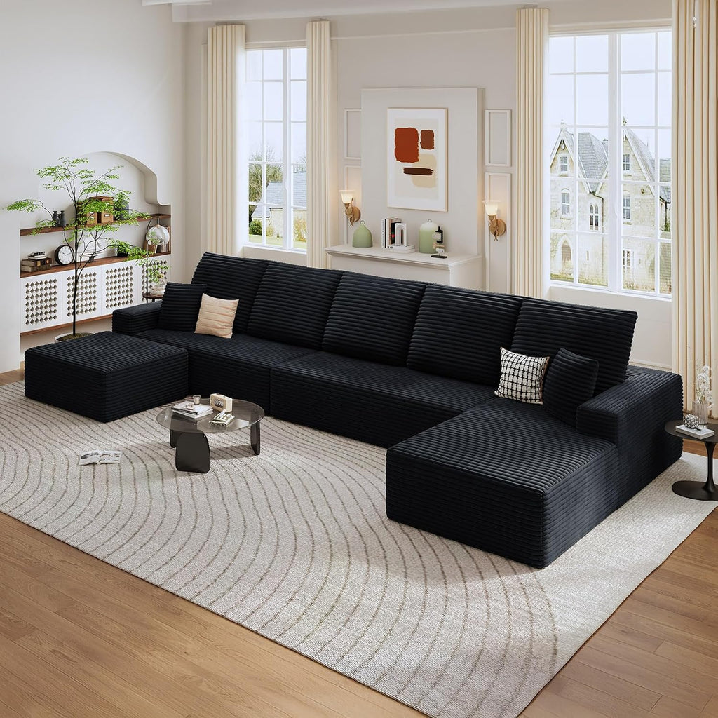 166.9' Cloud Sectional Couch with U-Shaped Chaise, Corduroy Sectional Sofa with Ottoman, Boneless Couch with Deep Seat in a Box for Living Room, No Assembly Required (Black, Right Facing Chaise)