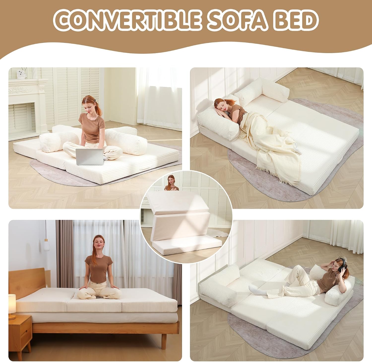 5-in-1 Convertible Sofa Bed,60' Boneless Couch Tri Folding Floor Mattress with Removable L-Shaped Armrests & Handle,Corduroy Futon Couch Sleeper with Pull Out Bed for Living Room Bedroom Apartment