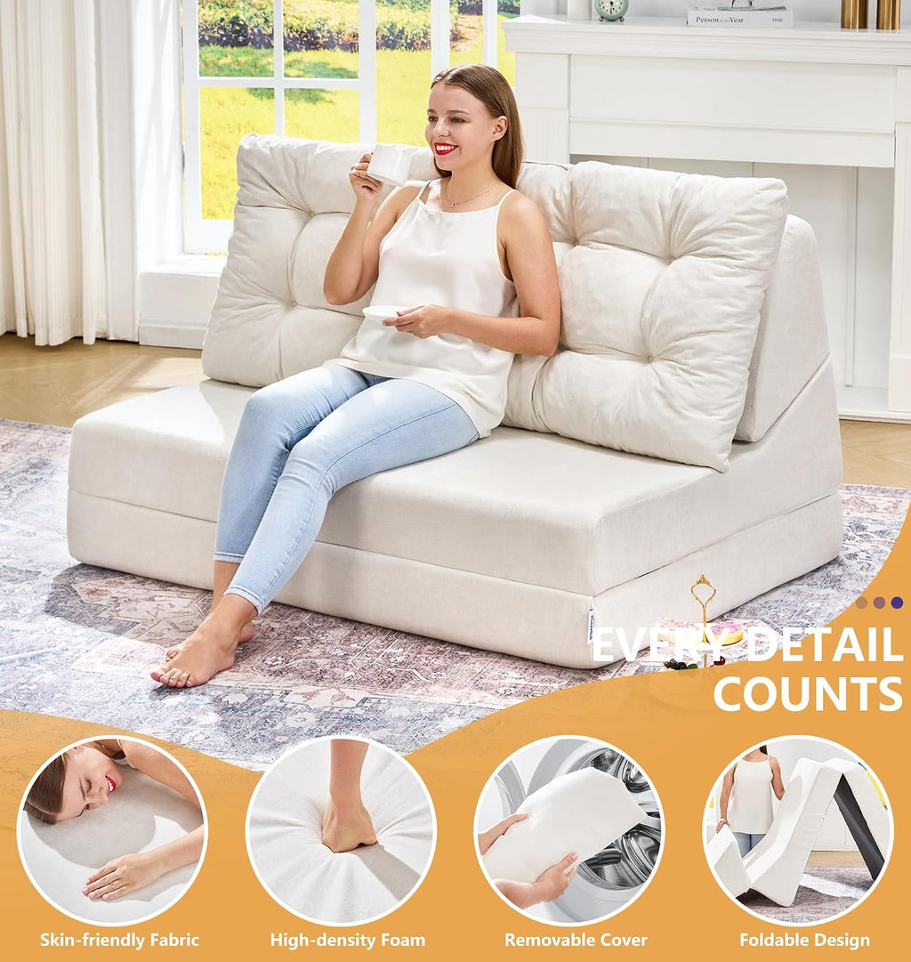 Hobestluk Sofa Couch Folding Sofa Bed Sleeper Comfy Floor Lounger Loveseat Sofa with Removable Cushion Couches Foldable Mattress for Living Room Bedroom or Office (Chenille Beige, Oversize)