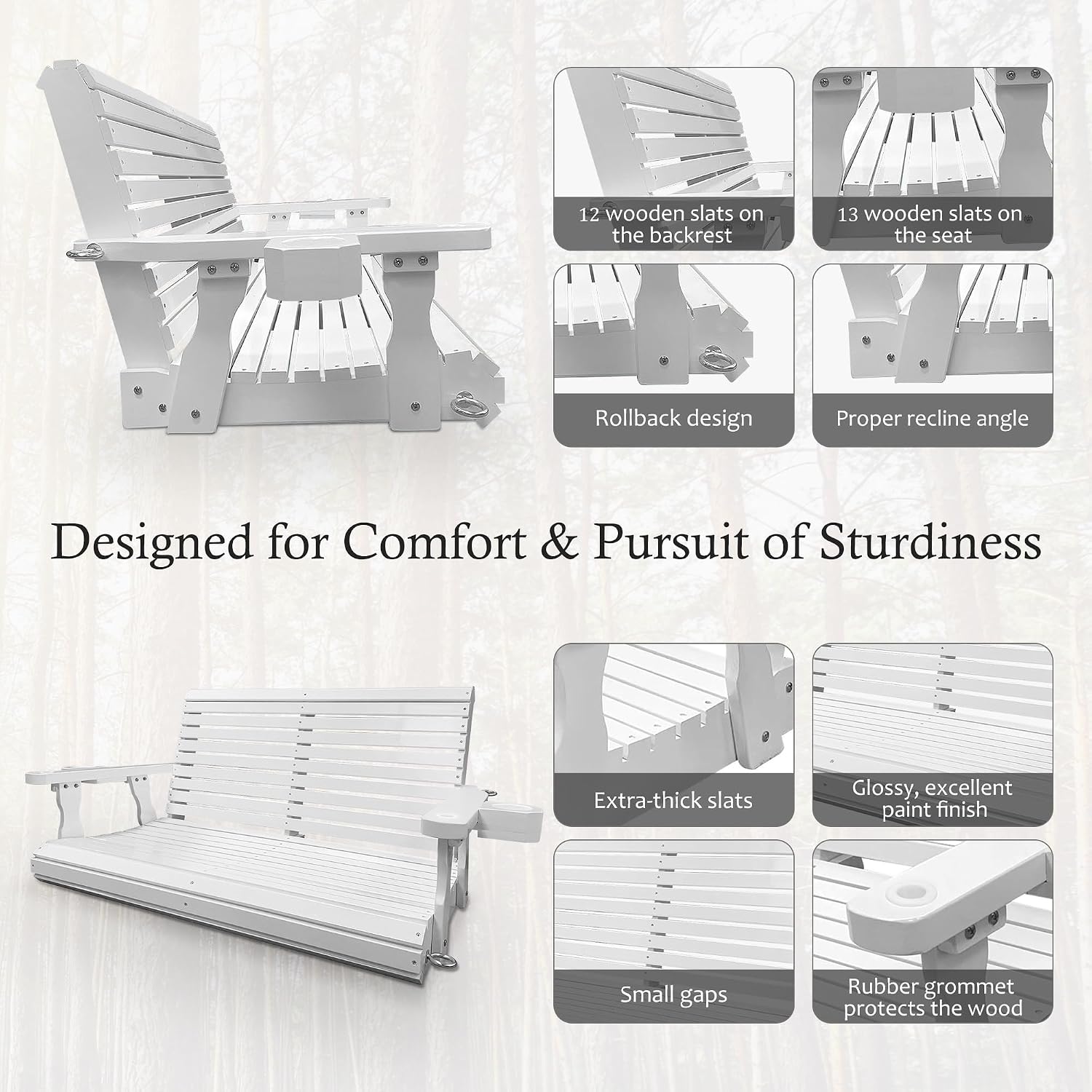 Wooden Porch Swing 2-Seater, Bench Swing with Cupholders, Hanging Chains and 7mm Springs, Heavy Duty 800 LBS, for Outdoor Patio Garden, Pure White, 4 FT Extra Large