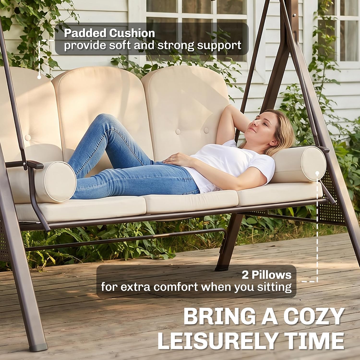 Outsunny 3-Seat Patio Swing Chair, Outdoor Porch Swing Glider with Adjustable Canopy, Removable Cushion, Pillows and Side Trays, for Garden, Poolside, Backyard, Beige