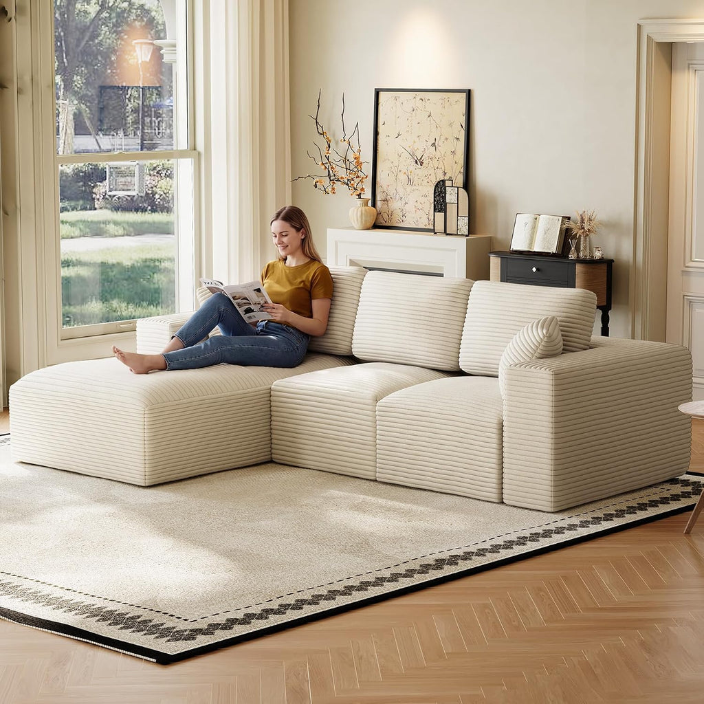 109' L-Shaped Boneless Cloud Sectional Couches, Comfy Corduroy Fluffy Modular Sectional Sofa with Left-Facing Chaise, Deep Seat Memory Foam Plush Couch for Living Room, Small Spaces, Beige White