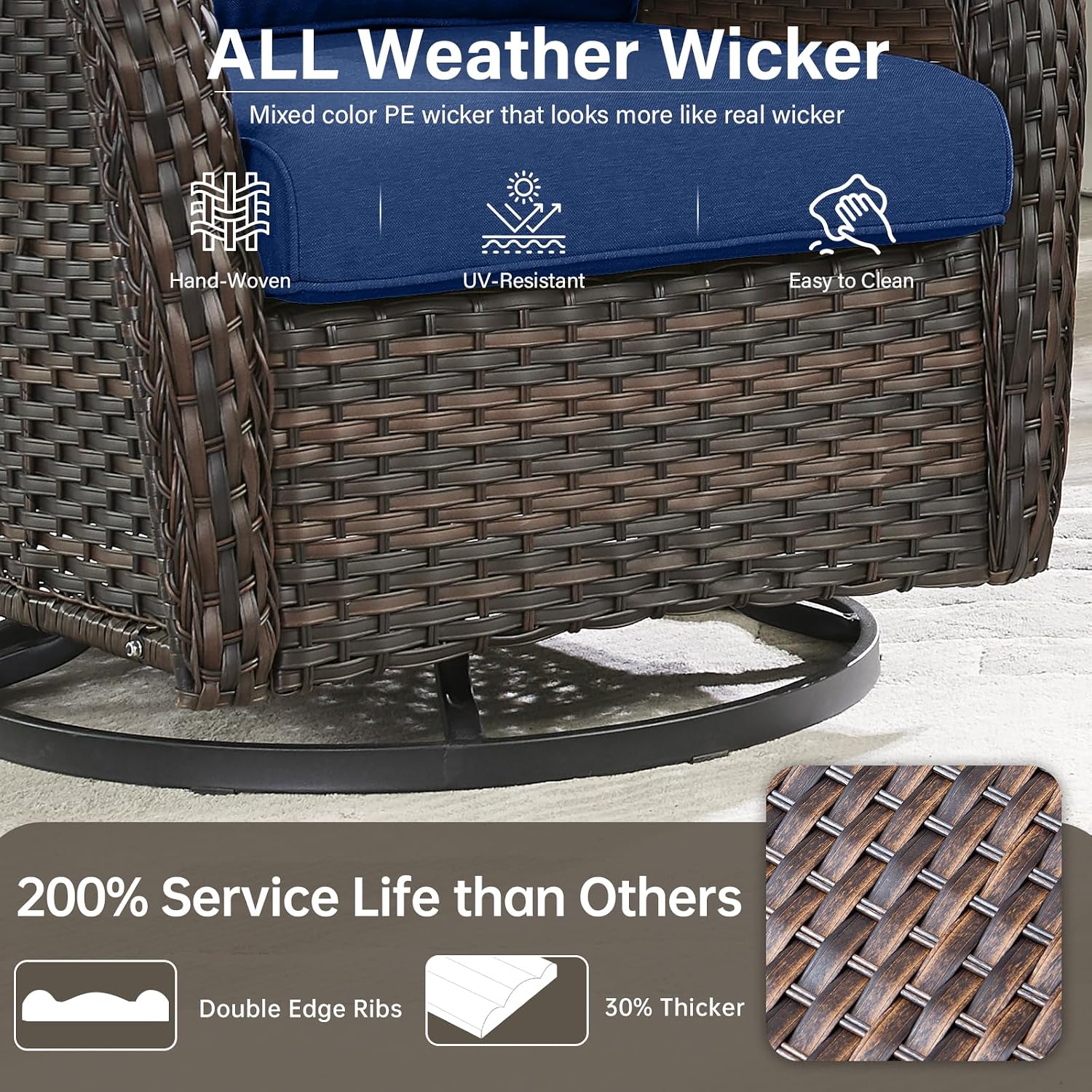 Outdoor Swivel Rocker Patio Chairs with 2 Ottomans - 5' Thick Cushion 4 Piece Furniture Set All Weather Comfortable Wicker Conversation Set for Porch Poolside and Deck - Brown-Blue